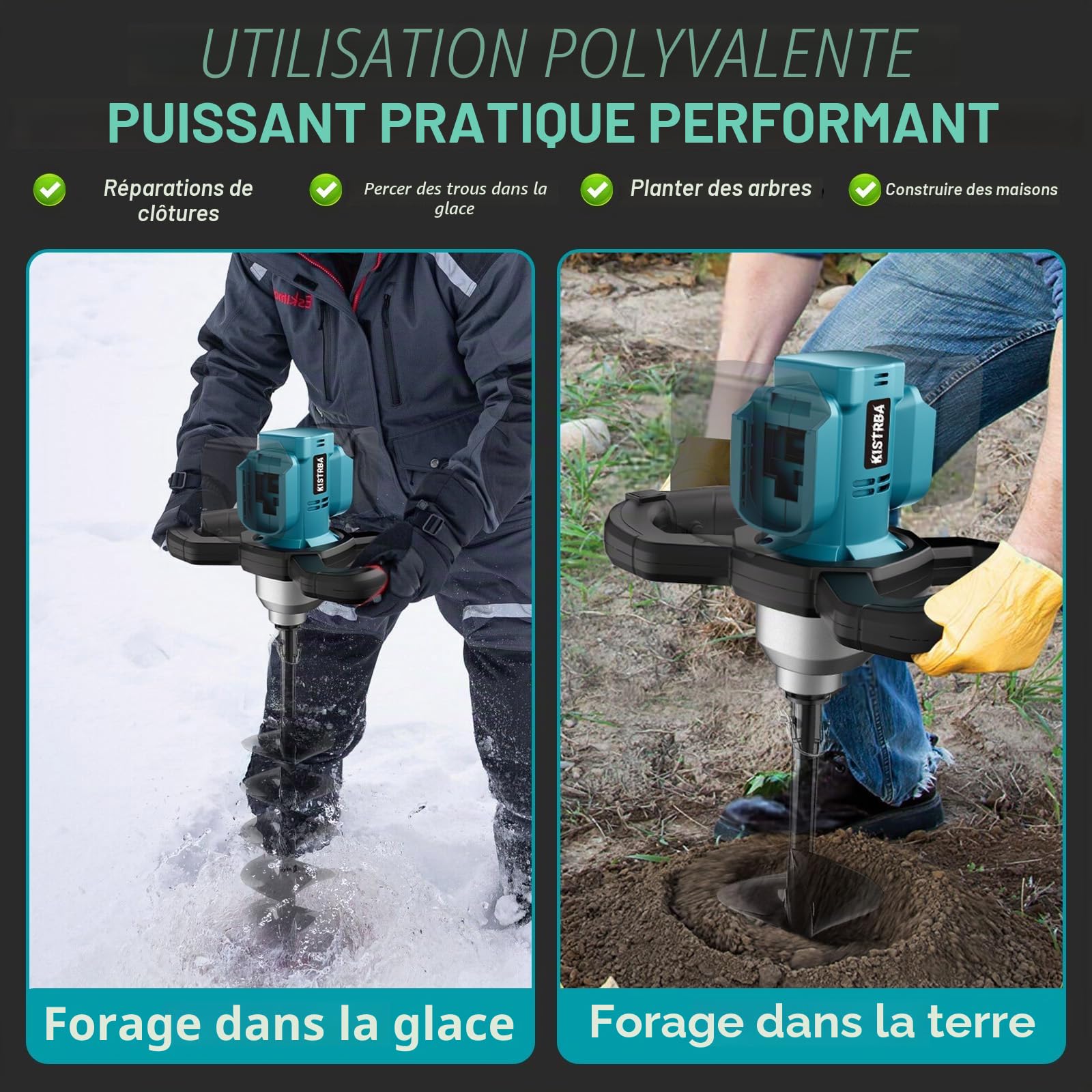 Tarière sans fil pour batterie Makita 18 V (sans batterie), perceuse électrique sans balais 1200 W, double connexion de batterie, convient pour tarière de 205 mm de diamètre (non incluse)