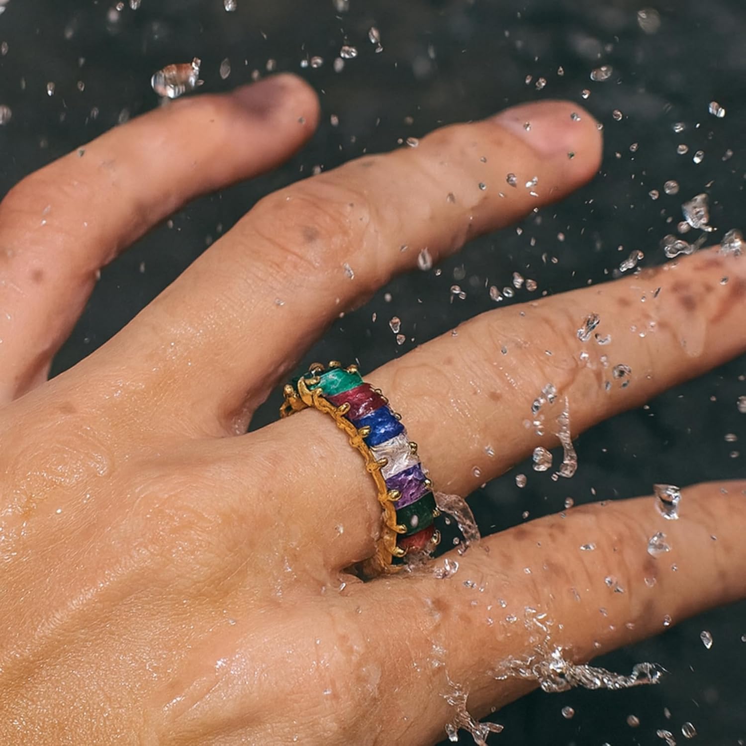 Eternity Ring for Women - 18K Gold Plated Trillion & Baguette Cut CZ Band - Rainbow, Clear, Emerald Designs - Geometric Stacking Ring - Waterproof & Tarnish-Free Jewelry