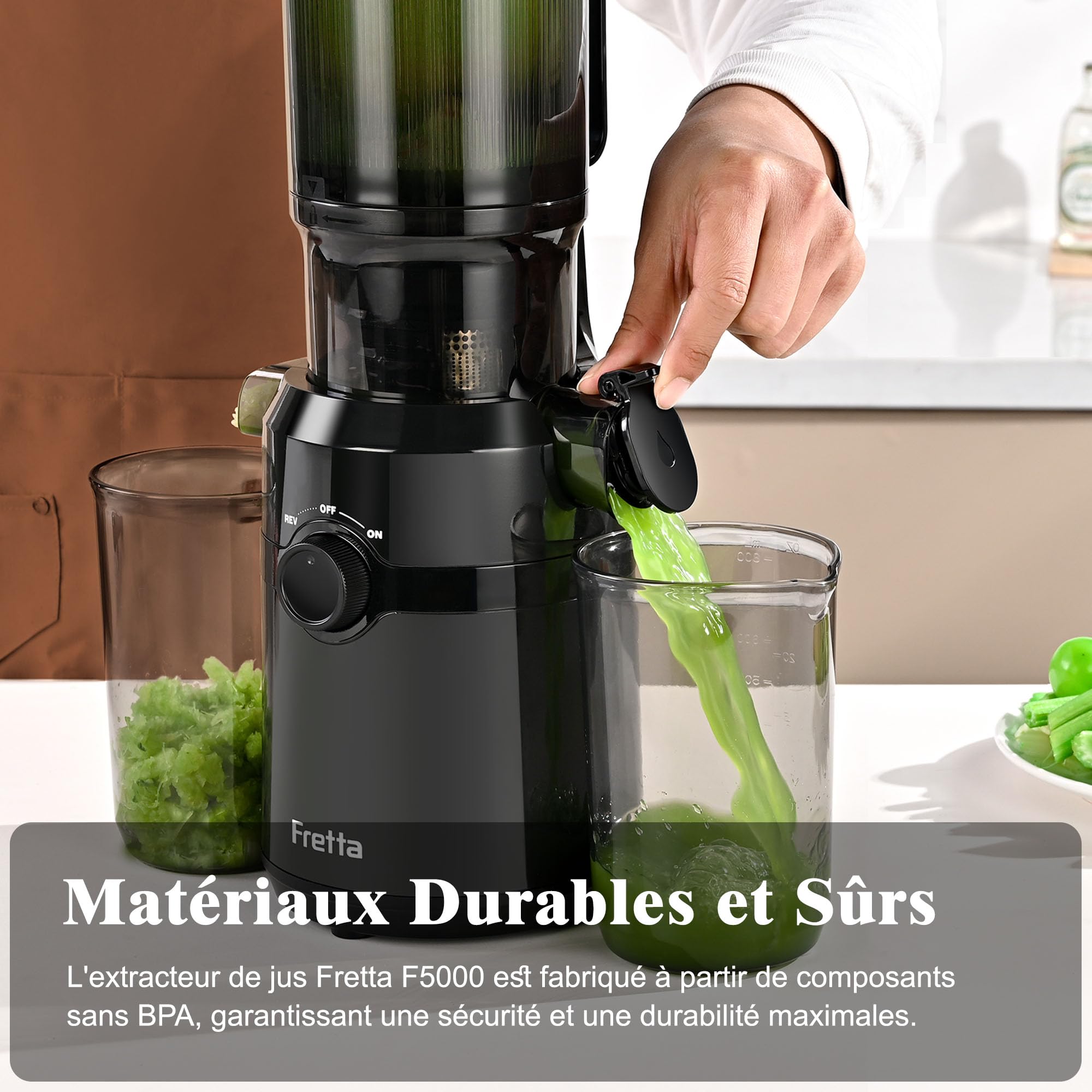 Extracteur de Jus Fretta, Presse à Froid, Grande Ouverture 108mm, 200W, 1L, Sans BPA, Noir