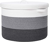 Vista 30 de Cesta de almacenamiento extra grande de 16 x 16 x 18 pulgadas con tapa, cestas de almacenamiento de cuerda de algodón, canasta de lavandería, Gris
