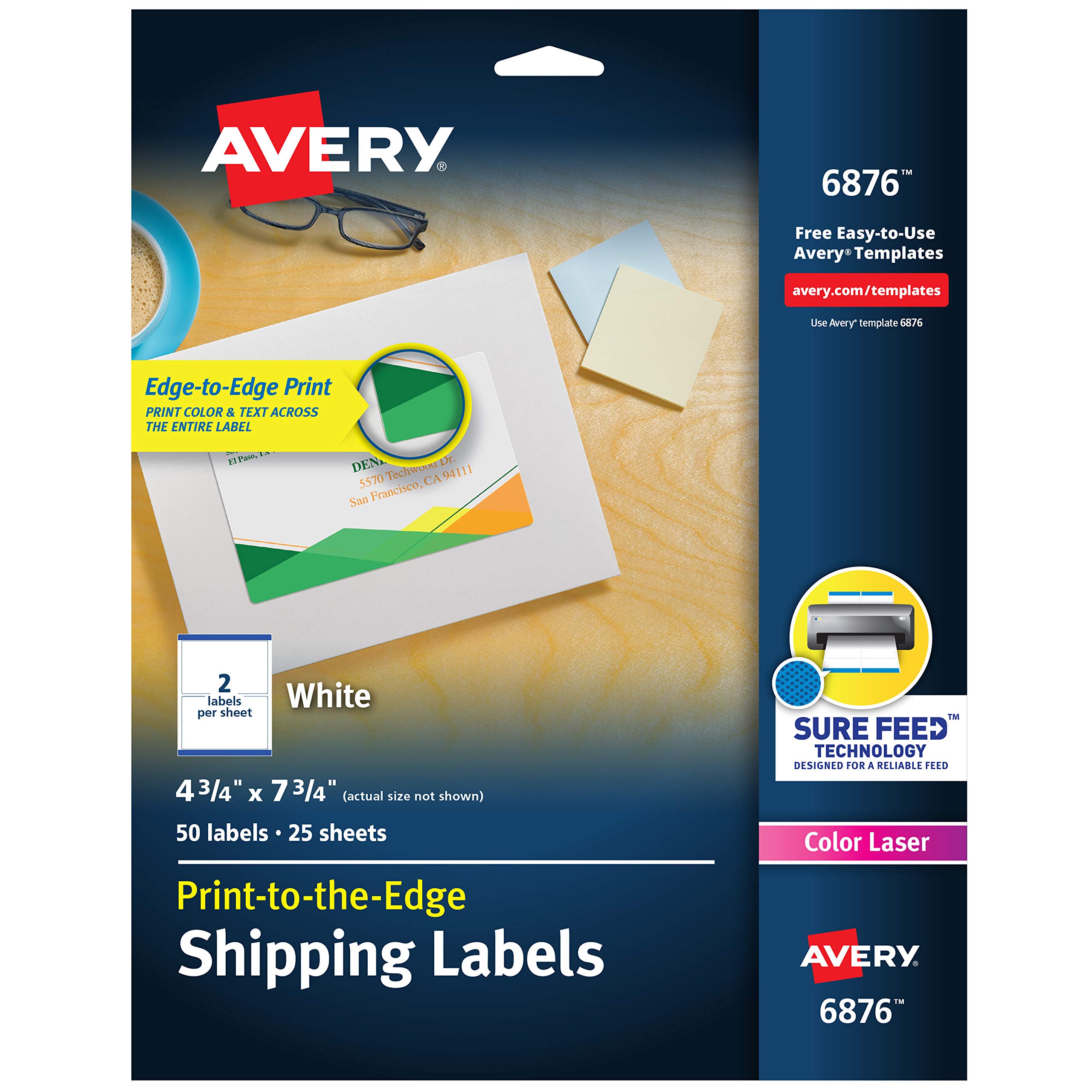 AVERYColor Printing 4 3/4 x 7 3/4 Inch White Labels, 50 Labels, 5 Packs (6876)