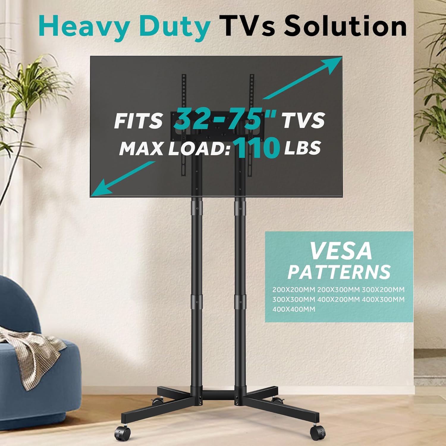 Mobile TV Cart for 32-75 Inch Screens, Rolling Stand with Tilting and Rotating Mount, Adjustable from Portrait to Landscape, 52 Inch Fixed Height, Supports up to 110 lbs, Max VESA 400x400mm
