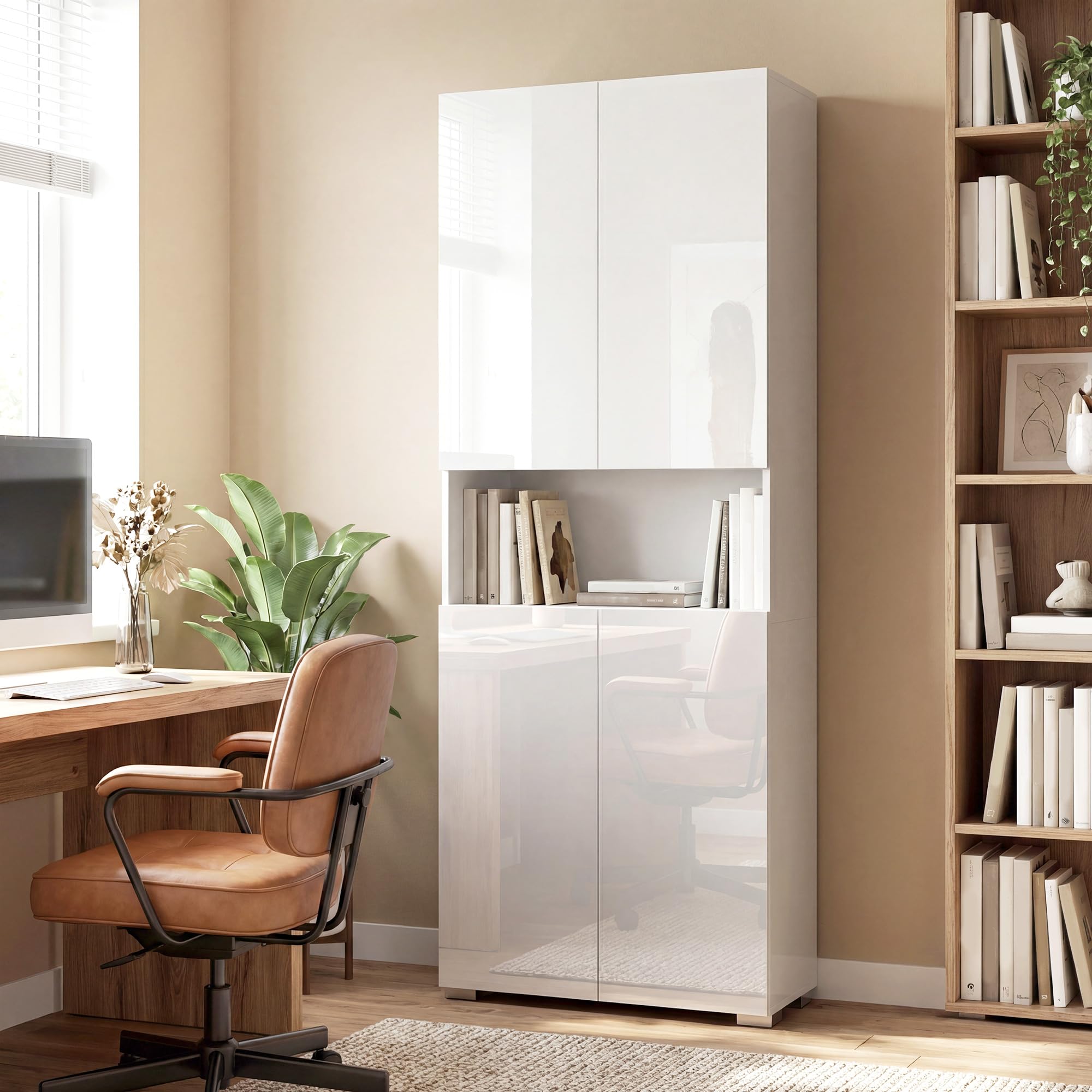 HOMCOM Alacena de Cocina, Mueble Auxiliar de Cocina de Blanco Brillo con 4 Puertas, Compartimento Abierto, Estantes Ajustables, 68x34x180 cm