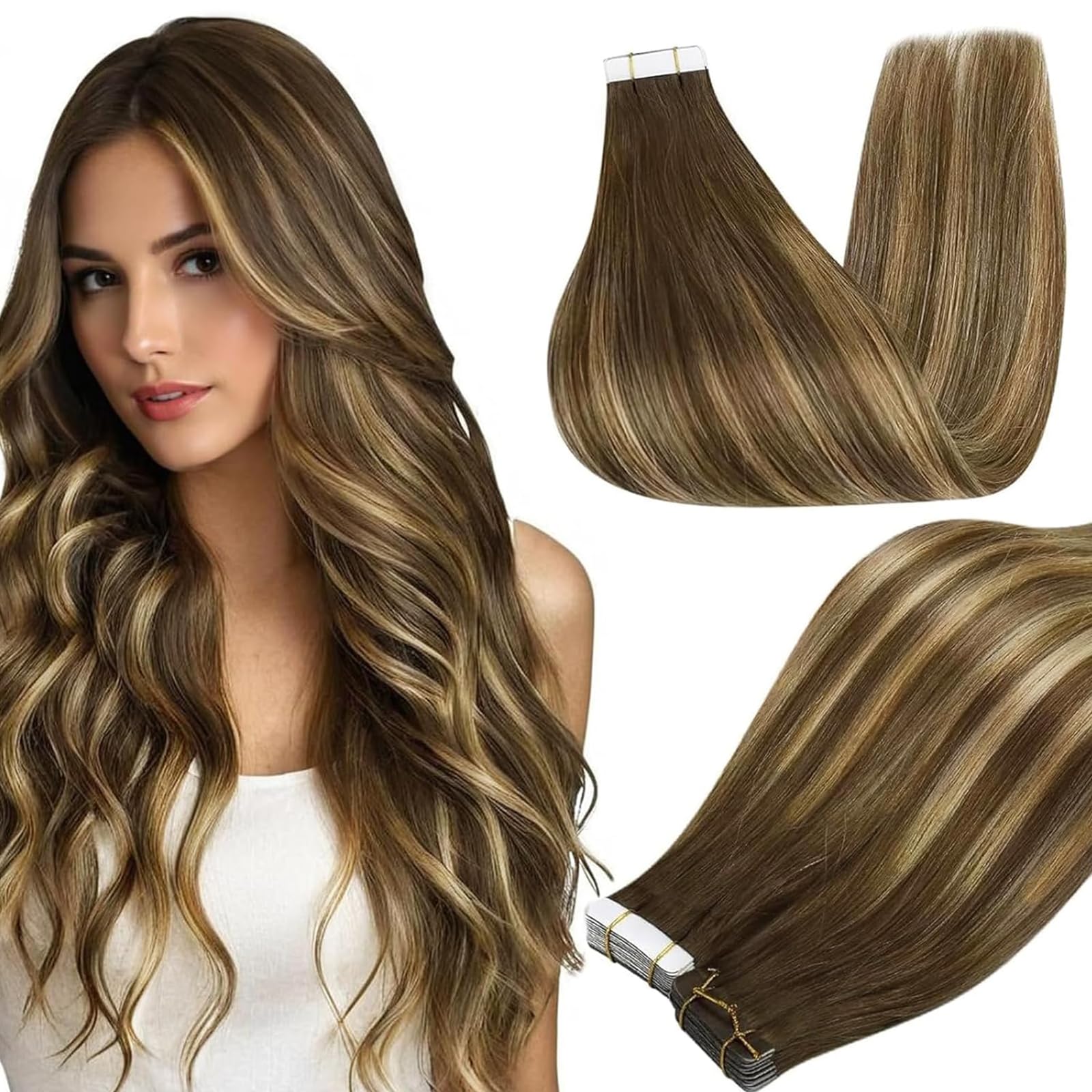Full Shine Invisible Tape in Extensions Human Hair Color 4/24/4 Medium Brown to Honey Blonde Hair Extensions Tape ins 22Inch Remy Tape in Hair Extentions 20Pcs Seamless Skin Weft Hair 50G Add Length