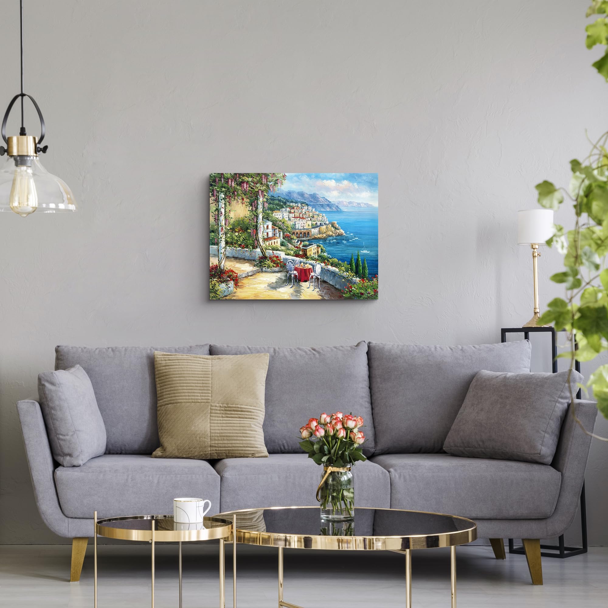 SD SOFT DANCE European Town Canvas Wall Art - Coastal Flower Garden Artwork Painting Reproduction Print for Office (24'' x 18'' x 1 Panel)