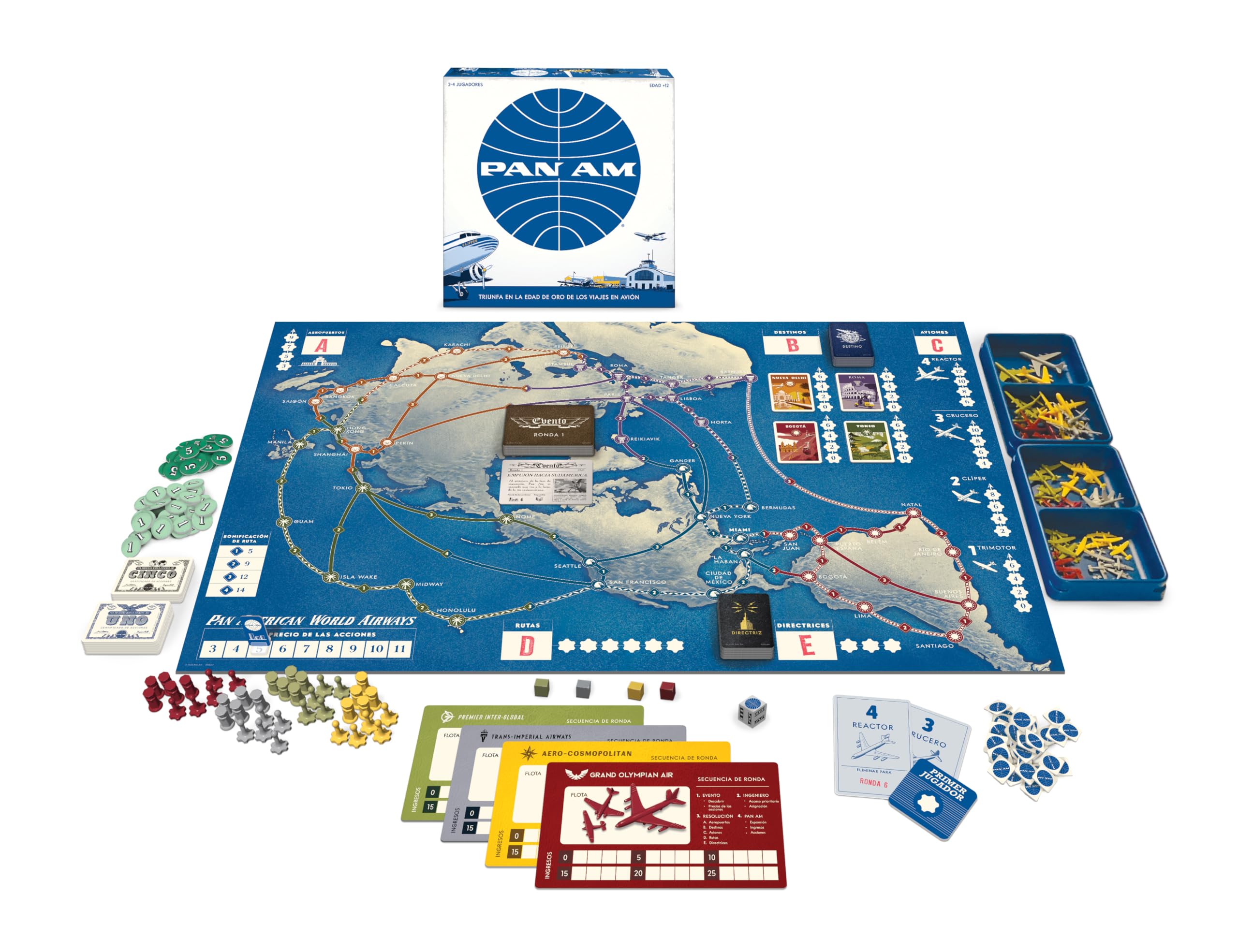 PAN AM Lustiges Strategie-Brettspiel für die ganze Familie - Spanische Sprache - Enthält 52 Flugzeug-Miniaturen aus 4 verschiedenen Fluglinien-Epochen (ab 12 Jahren) Ideal für 2-4 Spieler