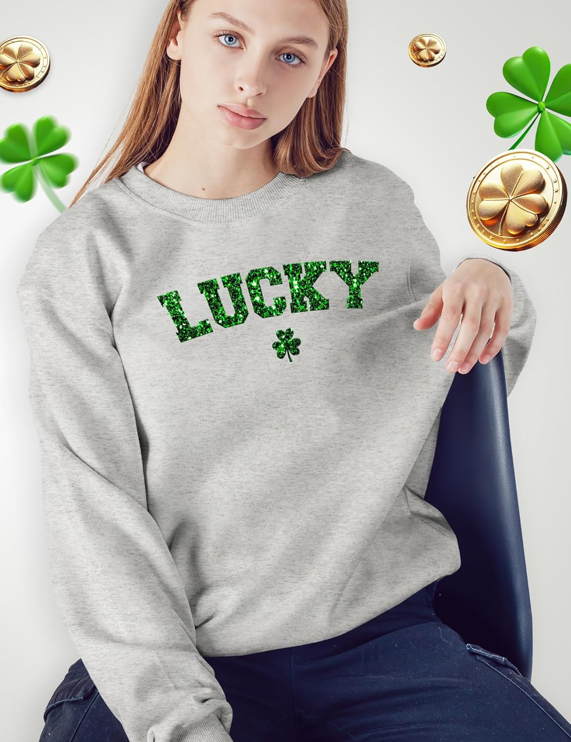 St Patricks Day Shirt Women - Lucky Shamrock Glitter Sweatshirt - St. Patrick's Day Sweatshirt, Gray Crewneck - Image 2