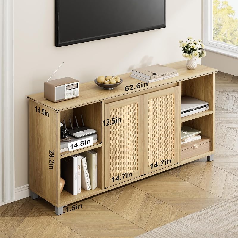 IDEALHOUSE Rattan TV Stand for 65" TVs, Natural Oak Media Console image 2