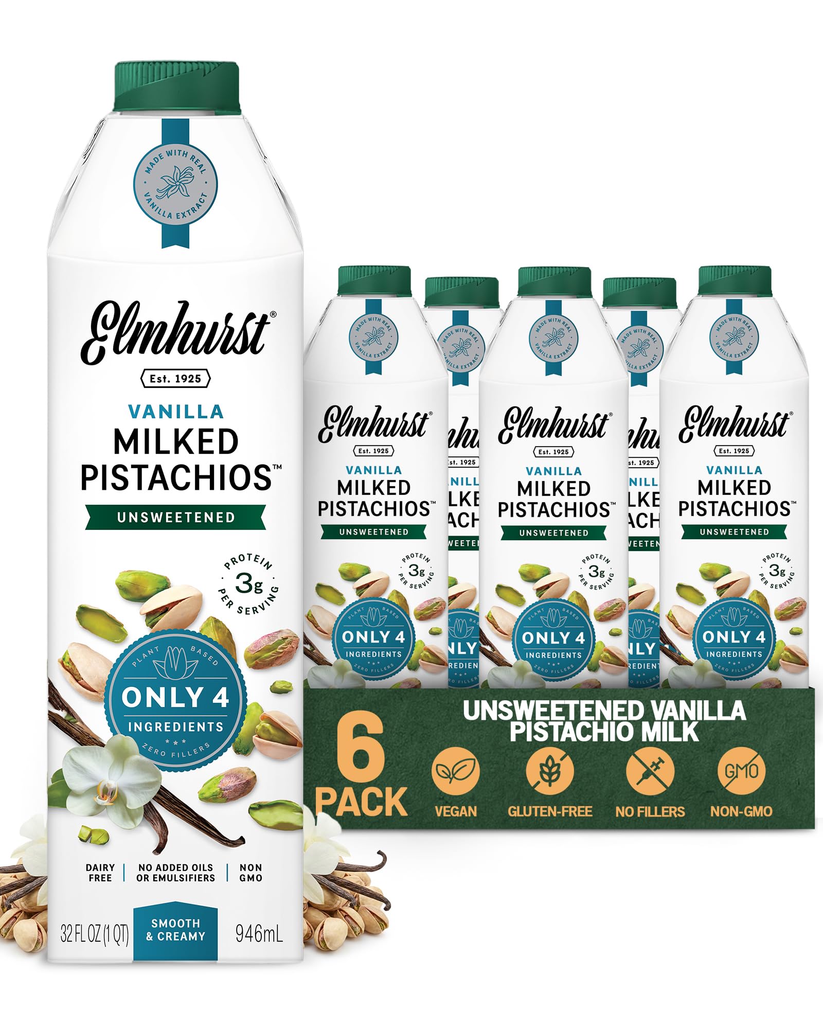 Elmhurst 1925 Vanilla Pistachio Milk Unsweetened - 32 Fl Oz (Pack of 6)
