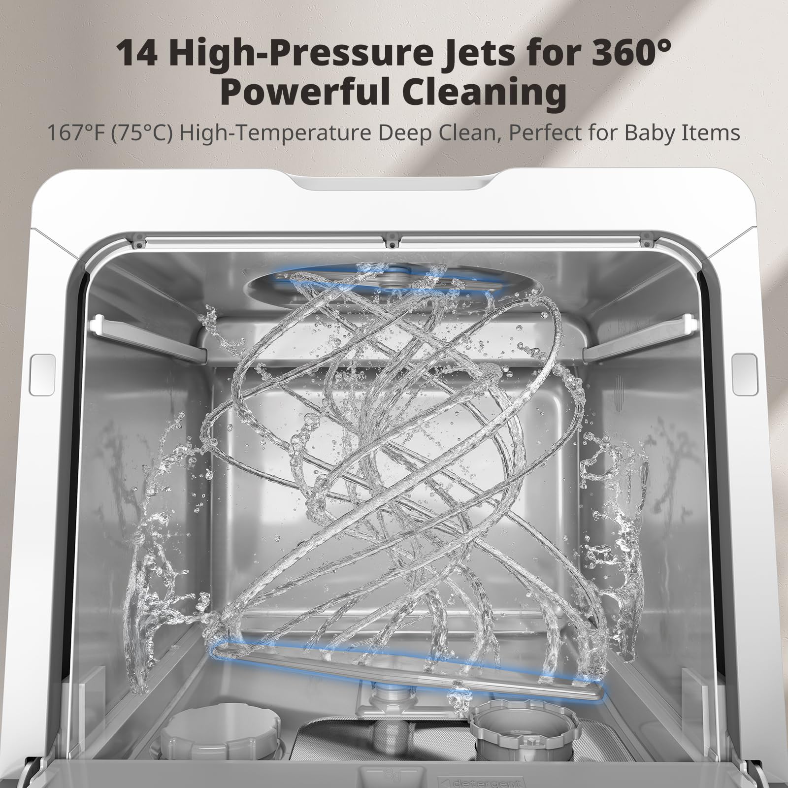 AIRMSEN 2025 NEW Upgraded Table Top Dishwasher, Countertop Dishwasher No Plumbing with Water Softener, 8+3 Wash Programs, 5L Tank, 1–18H Delay Start, Child Lock, 360° Dual Spray Arms — view 6