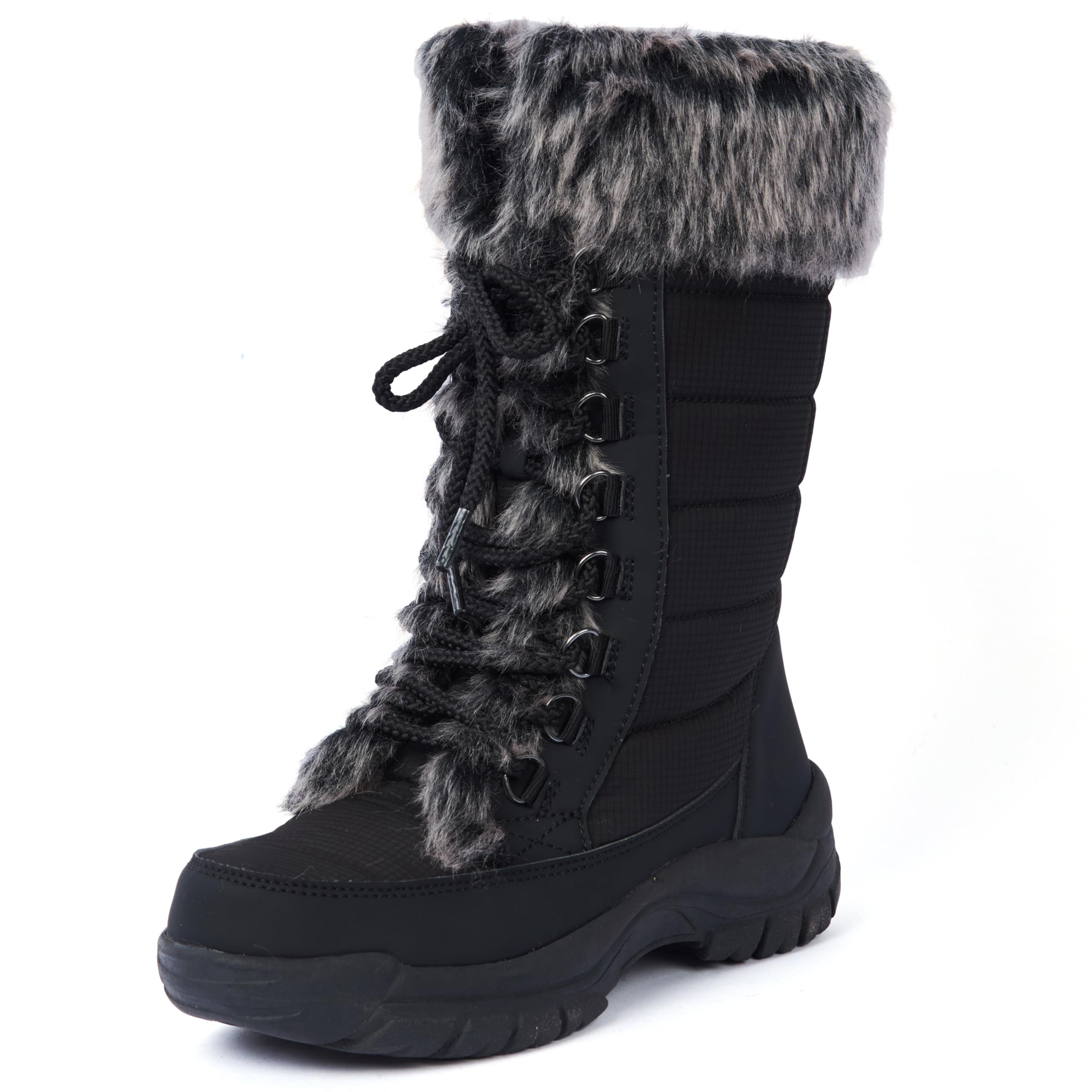 AUSLAND Womens Black Winter Snow Boots Twin Peaks Fur Cuff Mid-Calf Waterproof Lace Up Boots