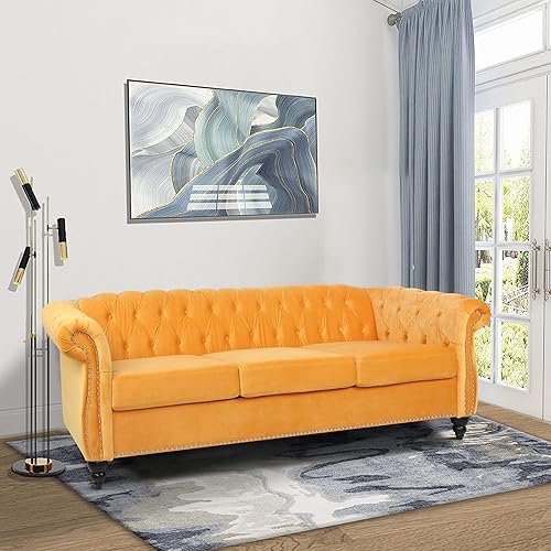 Miniatura 3 de Sofá Chesterfield de terciopelo, sofá tapizado clásico capitoné, moderno de 3 plazas, muebles largos con respaldo copetudo para sala de estar y