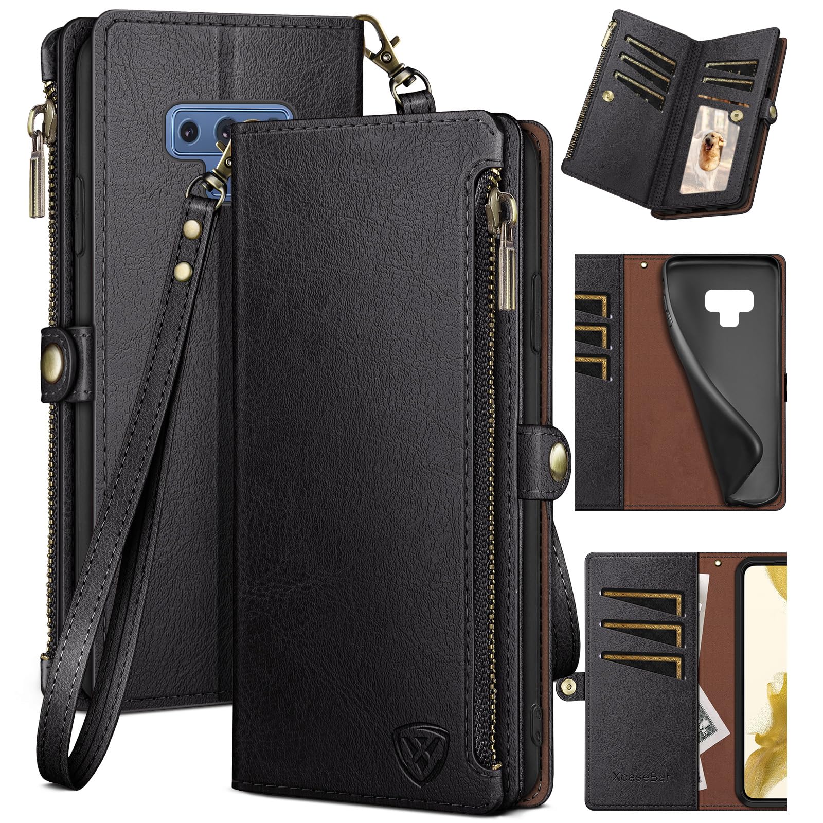 xcasebar for samsung galaxy note 9 wallet case with zipper credit card holder?rfid blocking?, flip folio book pu leather phone case shockproof cover women men for samsung note9 case black