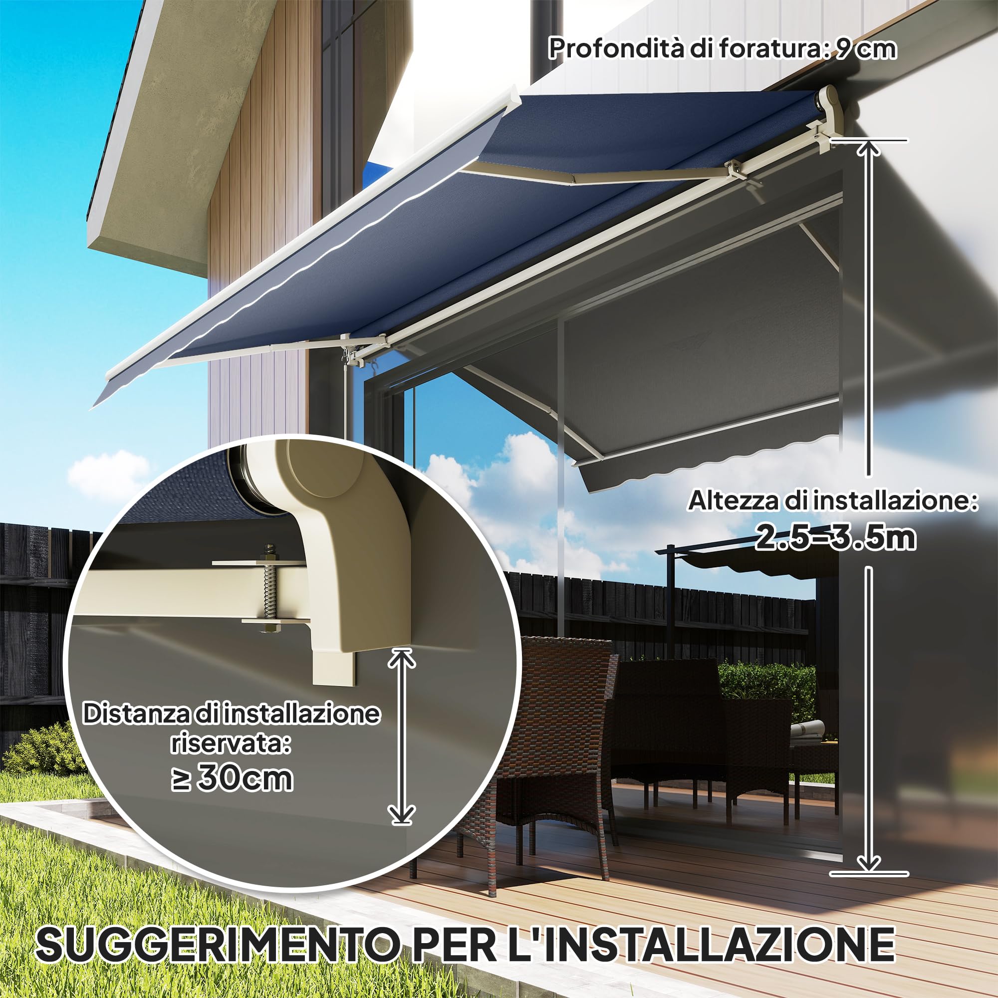 Outsunny Tenda da Sole 3.6x2.5 m con Braccio Avvolgibile Grigio Scuro
