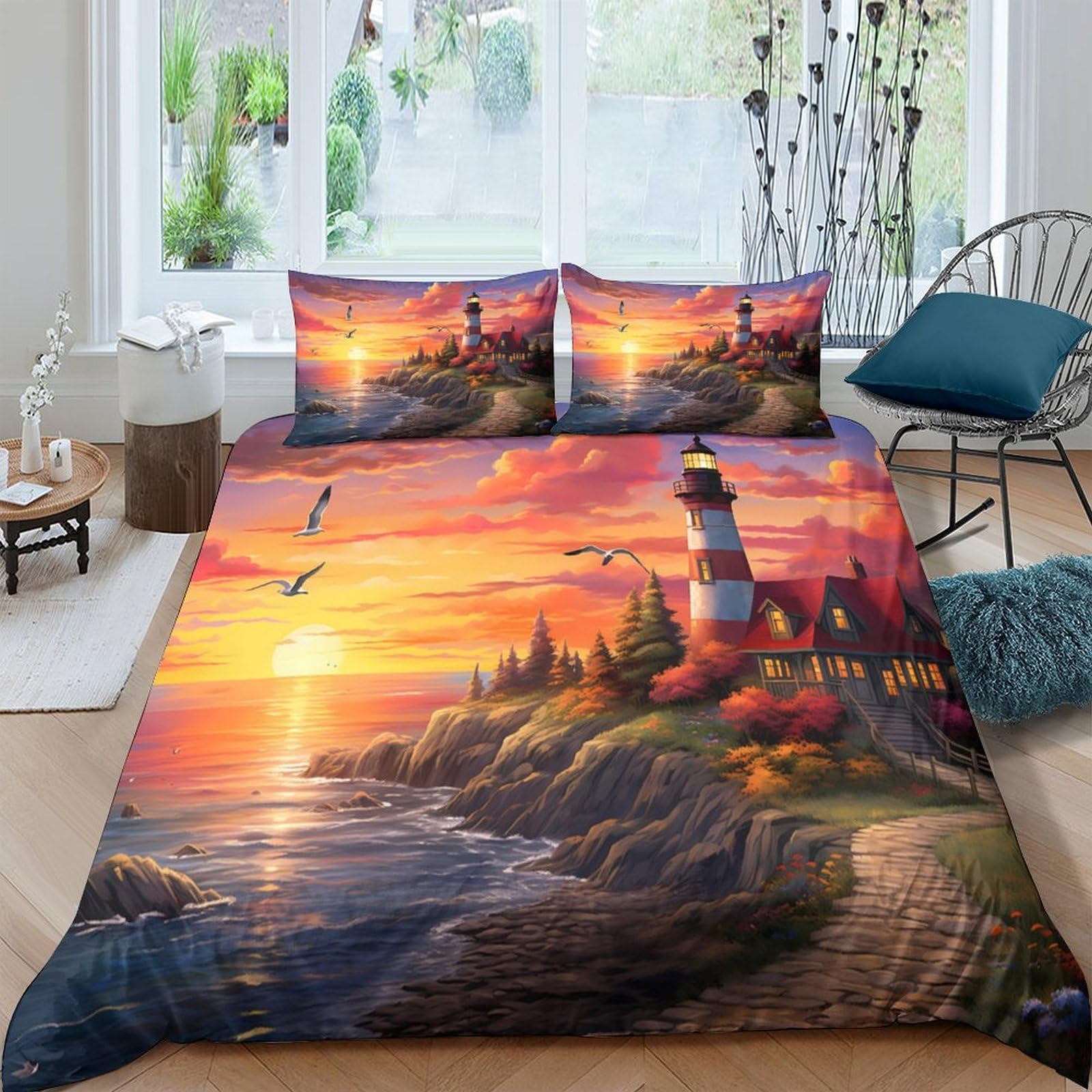 Ctjqhvkz Style-3 3D Printed Sunset Lighthouse Fitted Sheet Microfiber Soft Decorative Seaside Bed Cover For Bedroom Guest Room Mattress Protection Single（135X200cm）