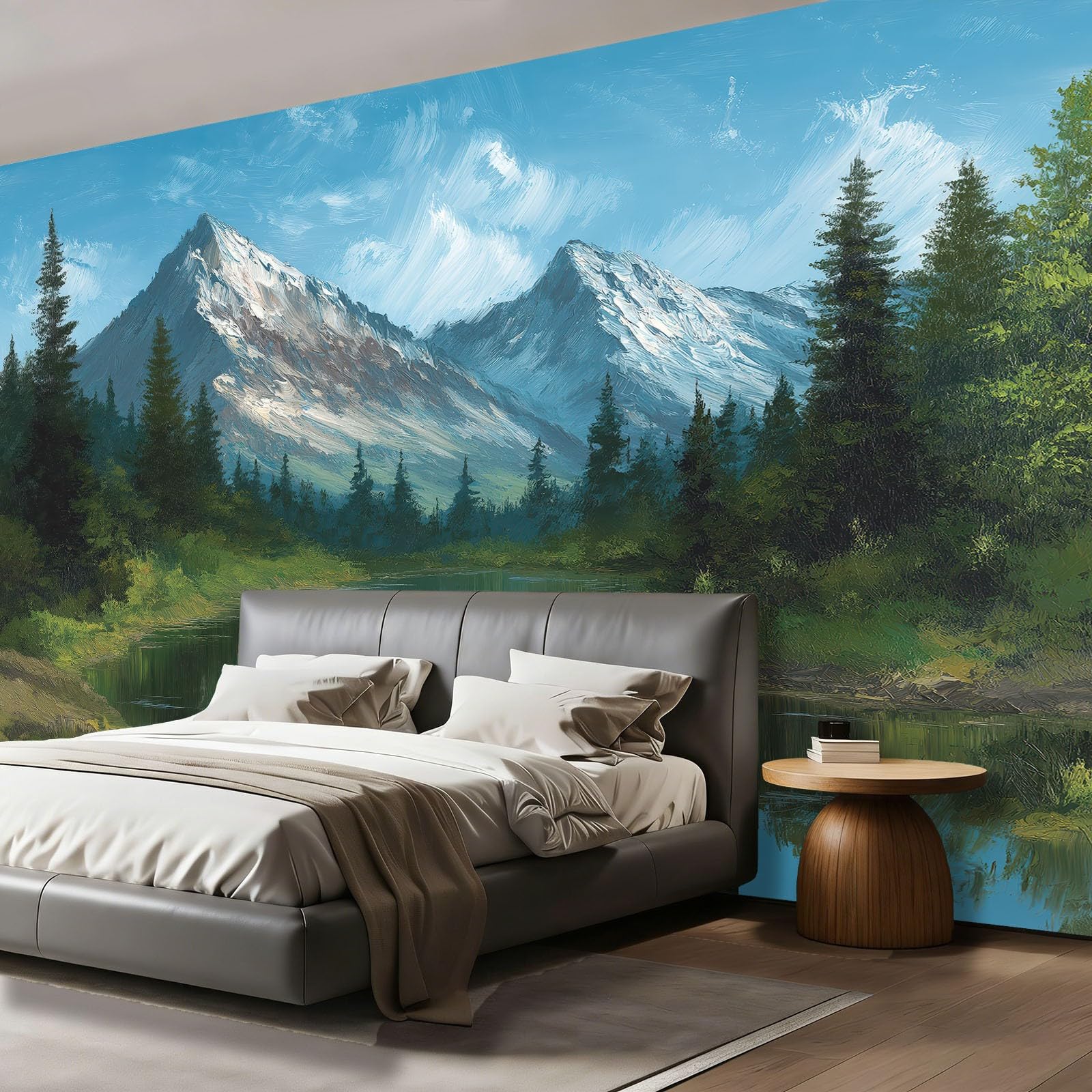 Tapeta z motywem 250 x 175 cm, krajobraz górski w stylu retro jezioro, wesoła tapeta z motywem do pokoju dziecięcego i kącika do majsterkowania, niebiesko-zielona