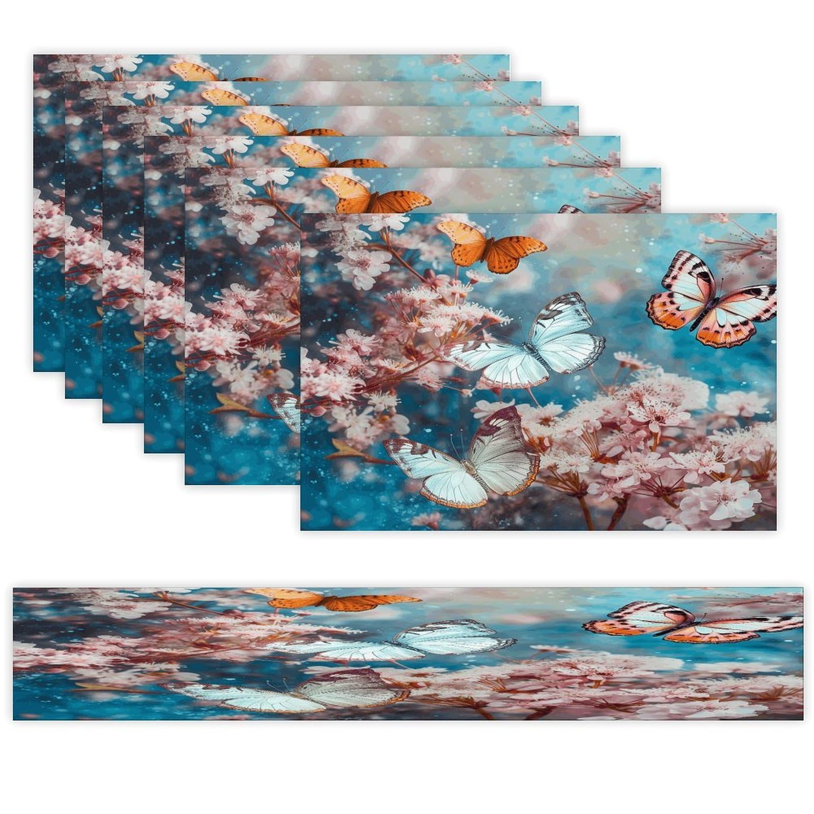 A Group of Butterflies Flying Table Runner and Placemats Set of 6 Wipe Clean Heat Resistant Table Mat with Table Runner Decorations Flax Linen Place Mat Set for Home Kitchen Party Supplies