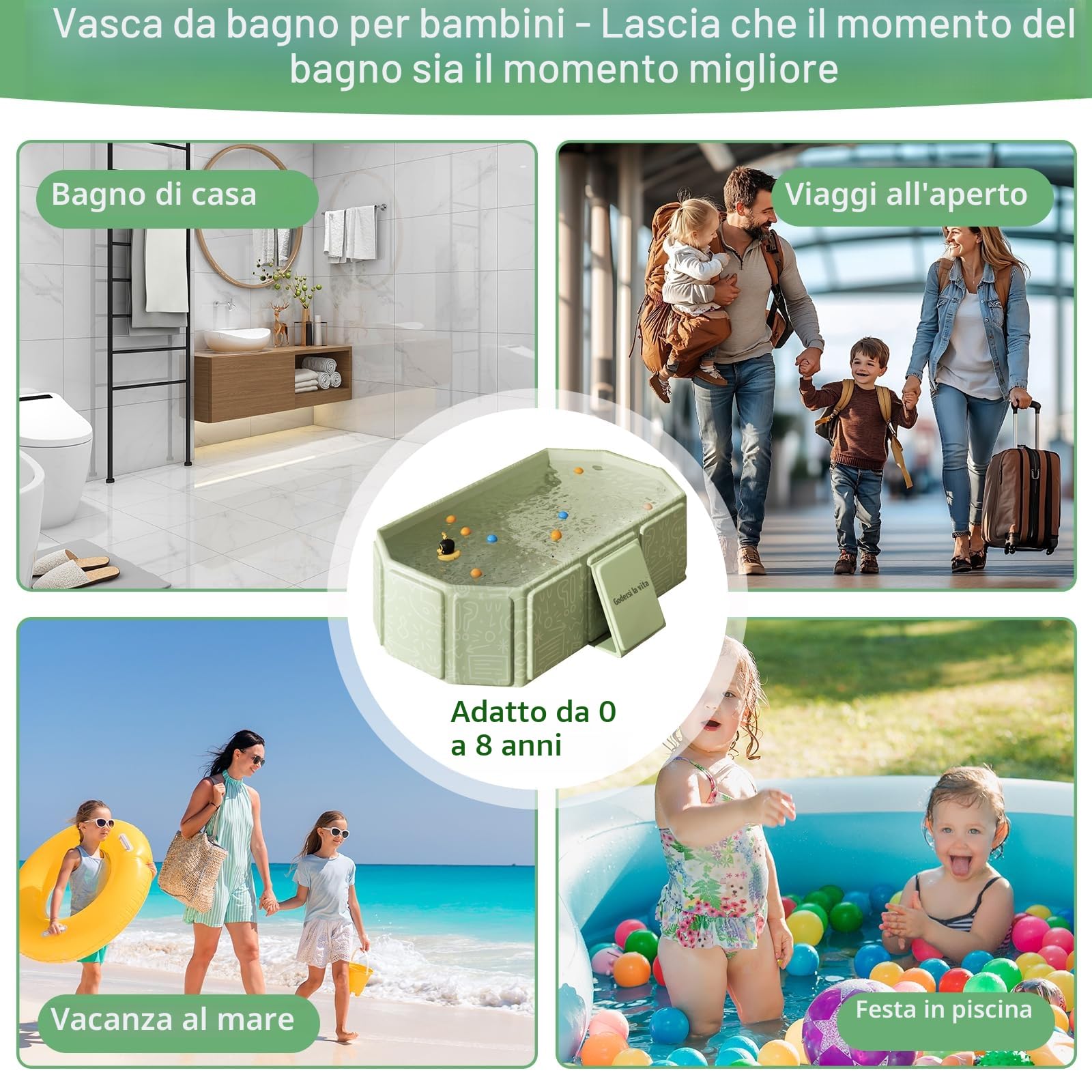 Vasca da Bagno Pieghevole per Bambini, Multiuso e Salvaspazio, Adatta da 0 a 8 Anni, Vaschetta Bagnetto Neonato Pieghevole con Tappo di Scolo, Vasca da Bagno Portatile per Bambini (Verde)