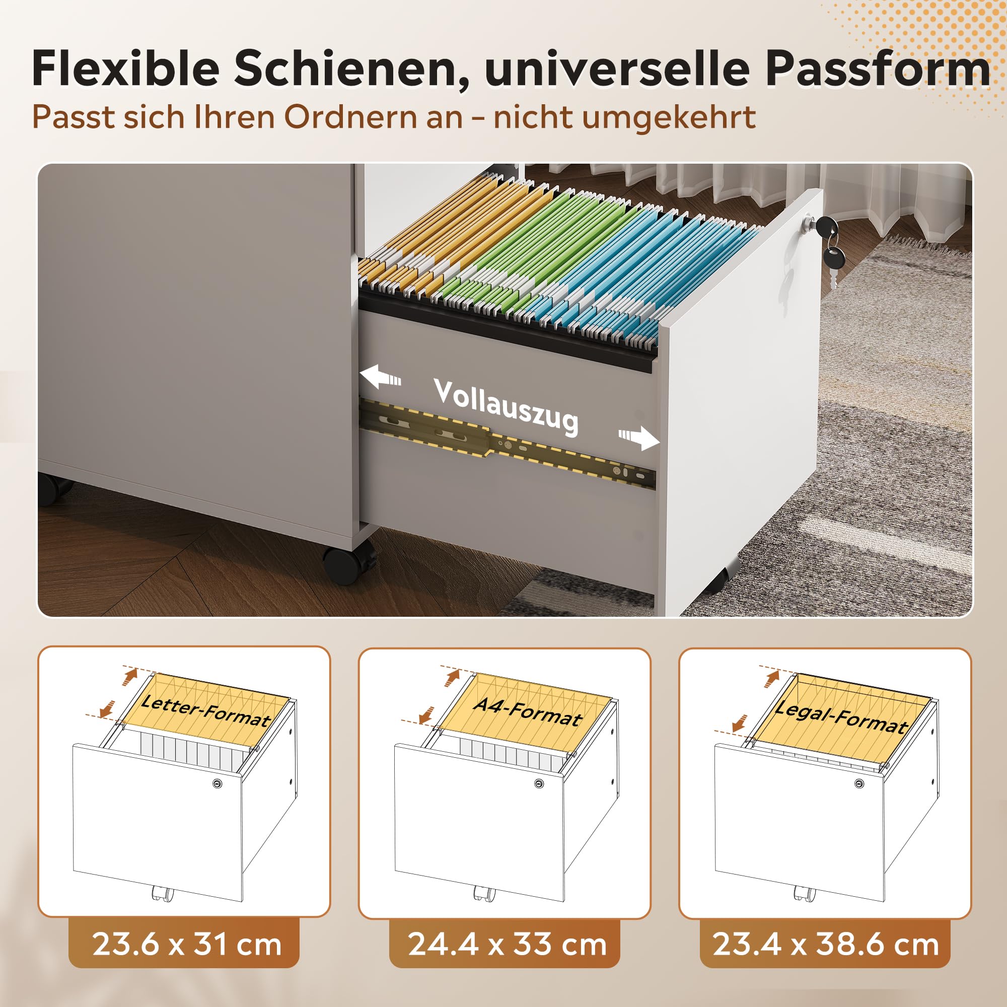 DEVAISE Rollcontainer mit 3 Schubladen, Mobiler Aktenschrank mit Rollen, Druckertisch für DIN A4/Legal/Letter, Schreibtisch Unterschrank für Büro und Home Office, Weiß