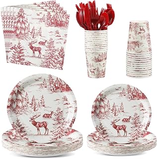 200 Pcs Christmas Party Supplies Vintage Red Toile Plates Napkins Cups Forks Knives Spoons Serves 25 Guests Disposable Xmas Themed Tableware for Christmas Baby Shower Birthday Party Decor