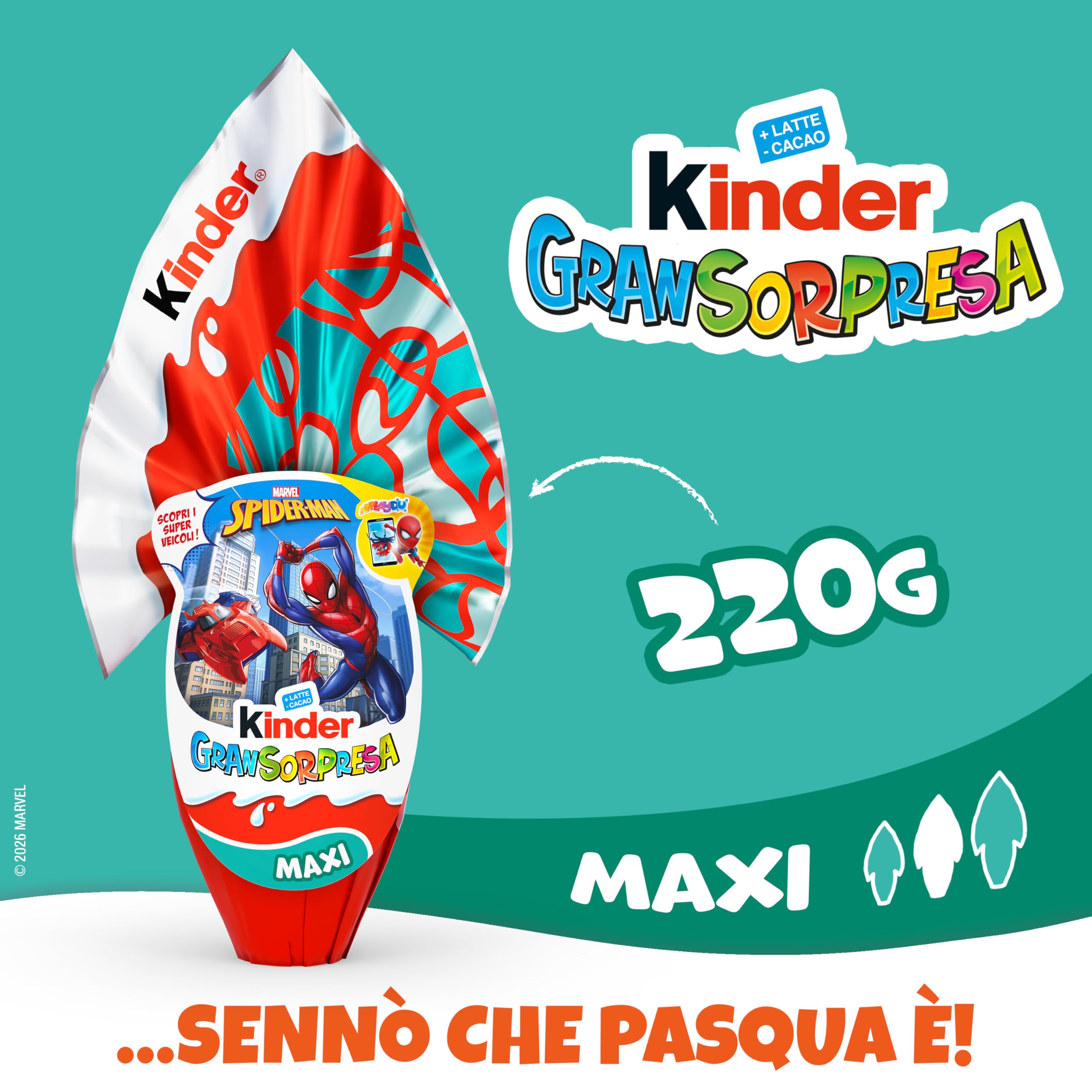 Kinder GranSorpresa Maxi Spider-Man, Uovo di Pasqua Kinder 2026 di Finissimo Cioccolato al Latte con Sorpresa Marvel Spider-Man, 220 g