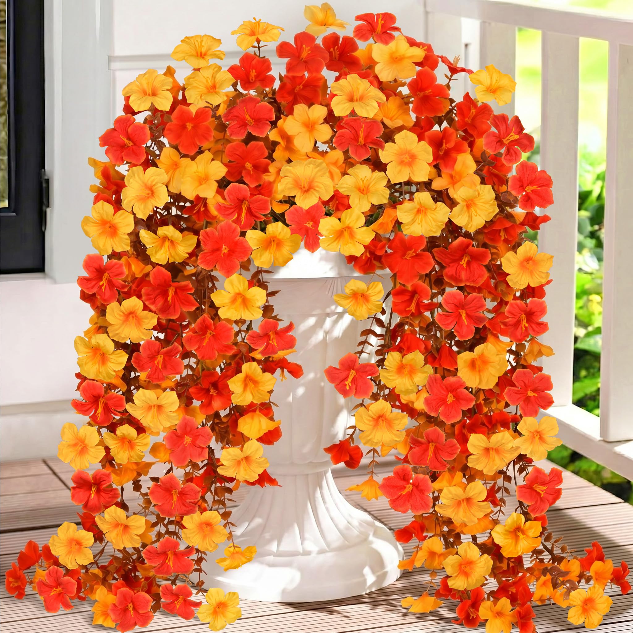 4PCS Artificial Hanging Flowers Outdoor UV-Resistant Fake Hanging Plants Flower Bouquet Artificial Morning Glory with Eucalyptus Hanging Drooping Plants for Wall Home Garden Yard Decor (Yellow orange)