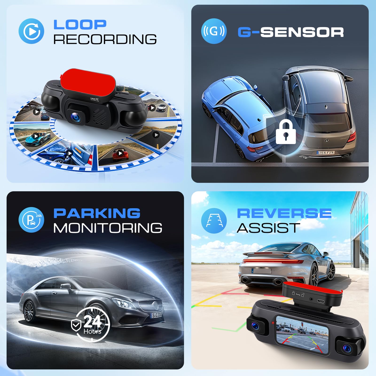 Hodozzy 4K 4 Canaux Dashcam Voiture, WiFi et Contrôle Via App Dash Cam Caméra avec Enregistrement en Boucle, GPS Caméra Embarquée 3 Pouces avec Vision Nocturne, Capteur G, Mode Parking+ 64G Carte TF