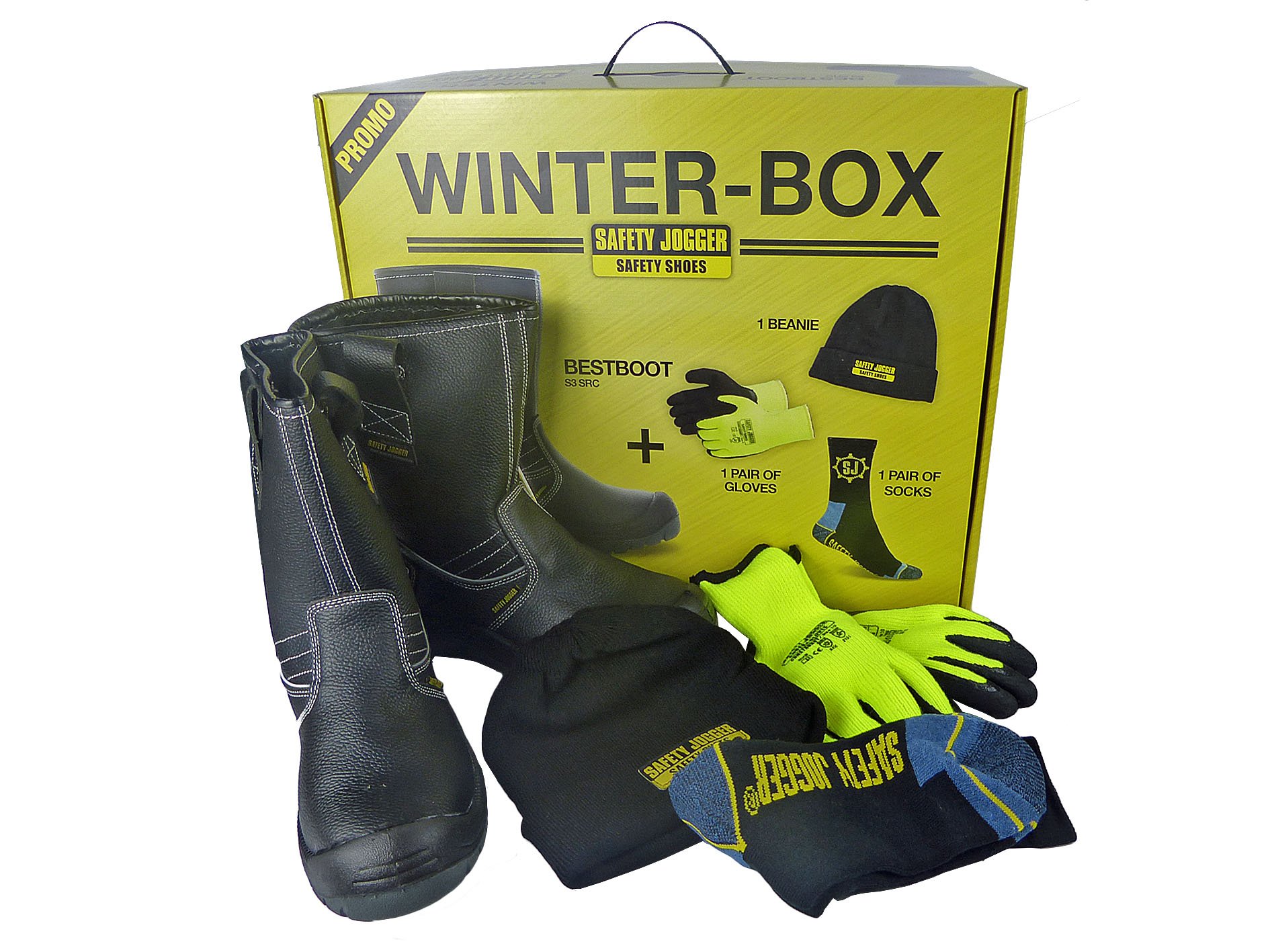 Safety Jogger Bestboot Box inc zimowe buty z szelkami, rękawice termiczne, skarpetki, kapelusz, czarny, 47 EU