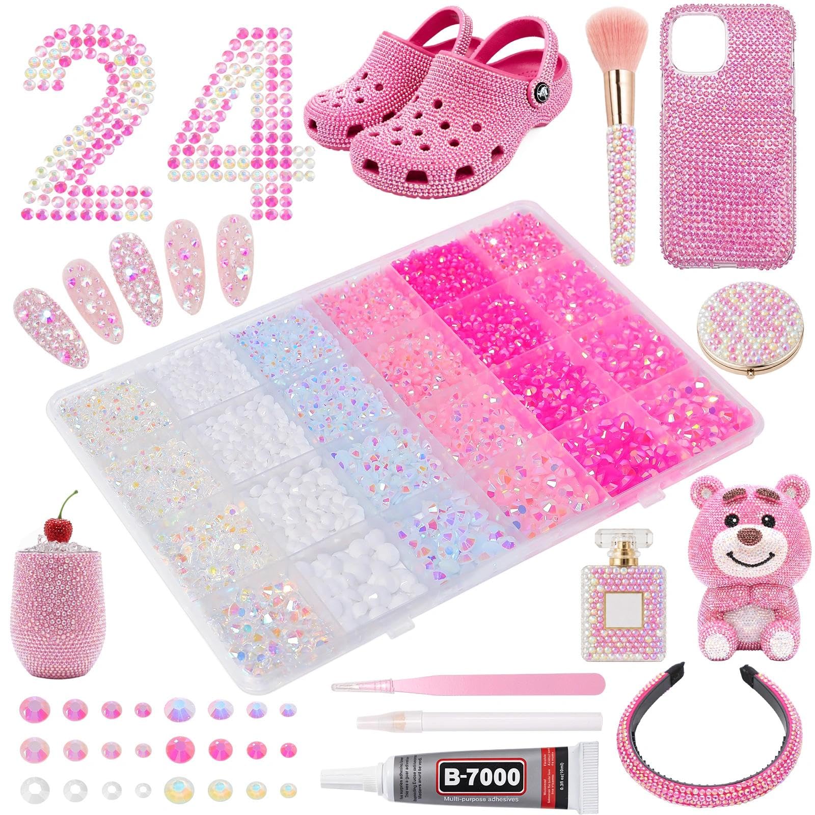 24Grid Flatback Rhinestones Kit, White Pink AB Clear Gems for Crafts DIY