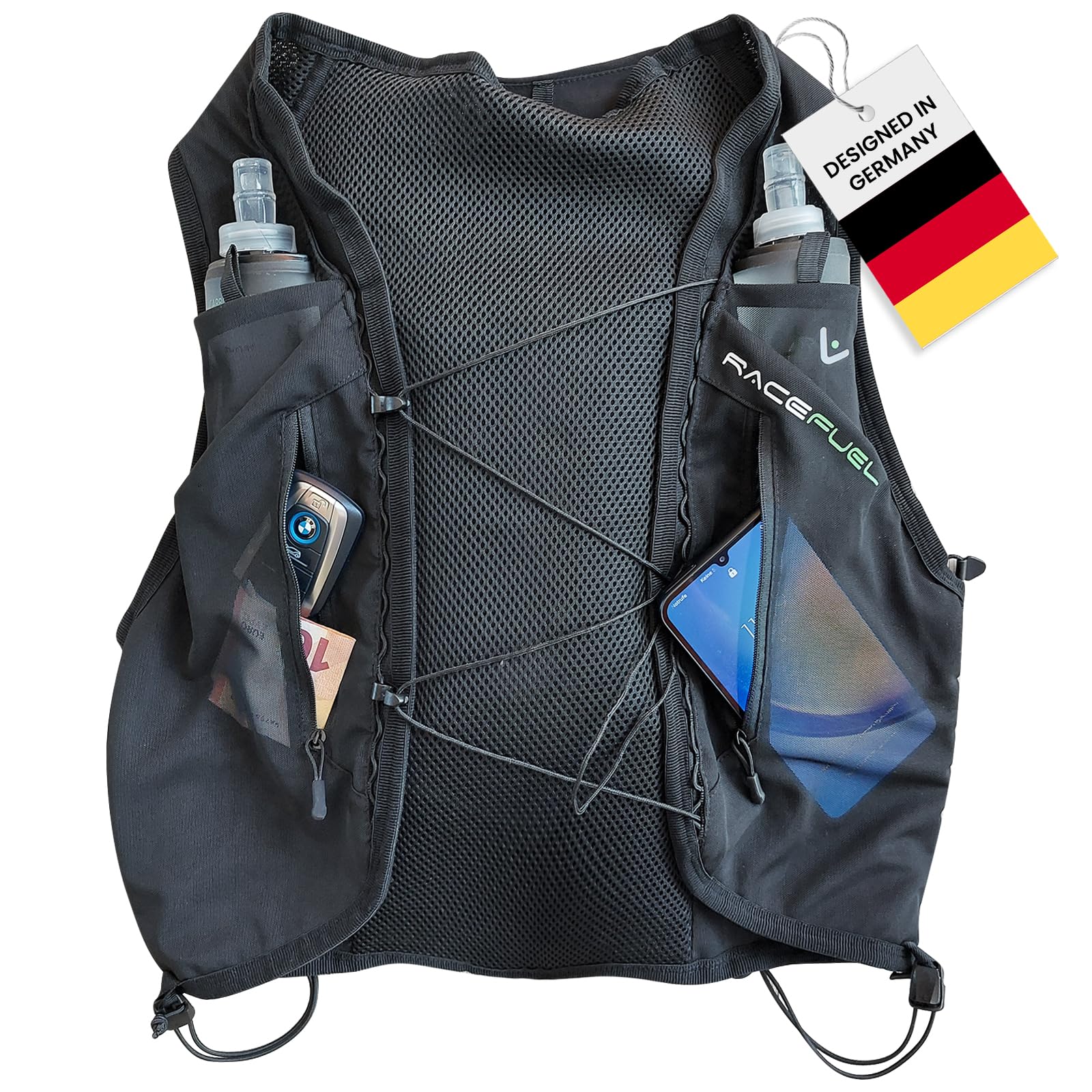RaceFuel Ultraleicht Trinkrucksack, Trail Rucksack, Trinkweste, Hydration Pack Fahrradrucksack für Laufen, Wandern, Marathoner für 1,5L Trinkblase oder 500ML Wasserflasche/Softflask