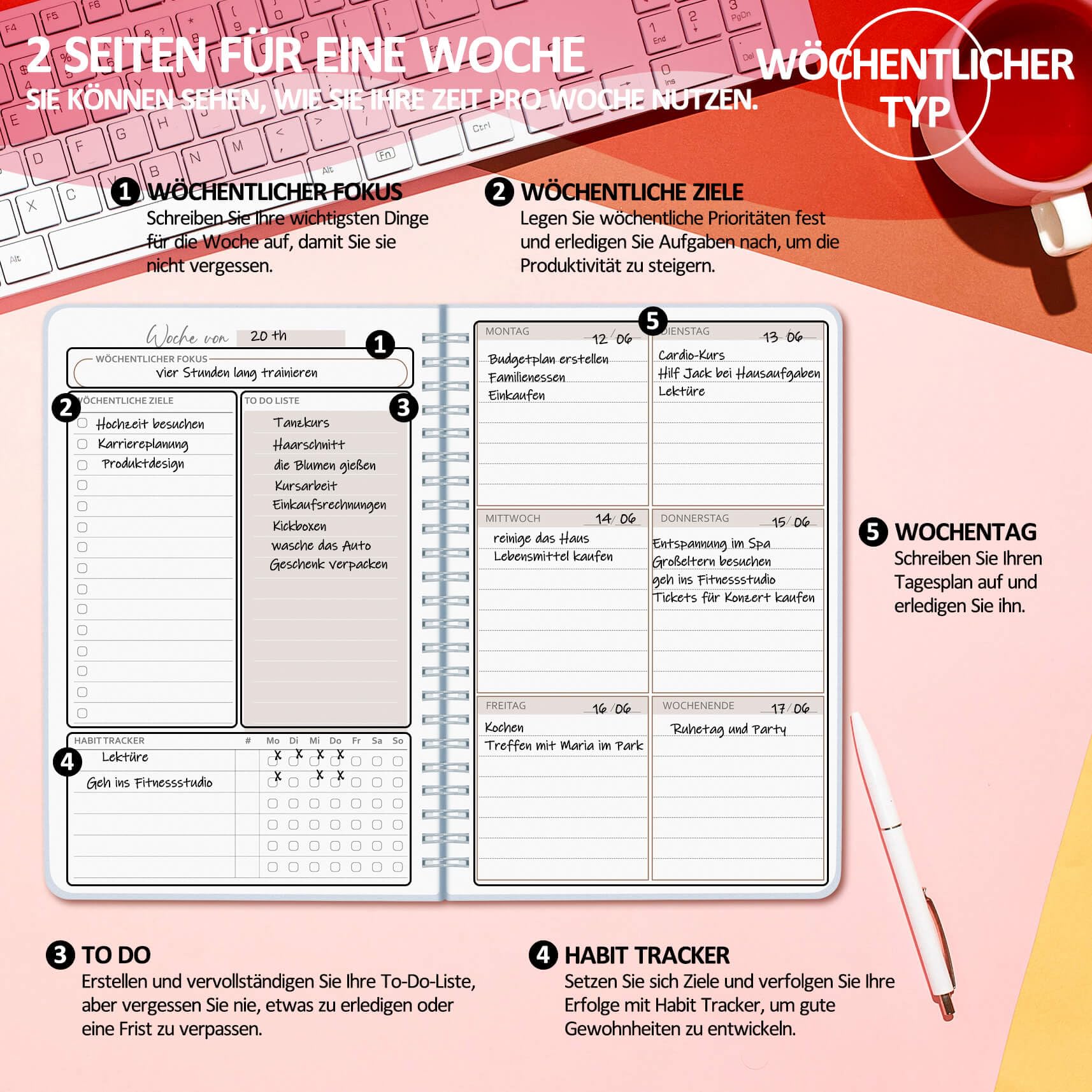 BIROYAL Agenda hebdomadaire non daté A5 - Planning avec liste de tâches - 52 feuilles français - Couverture rigide