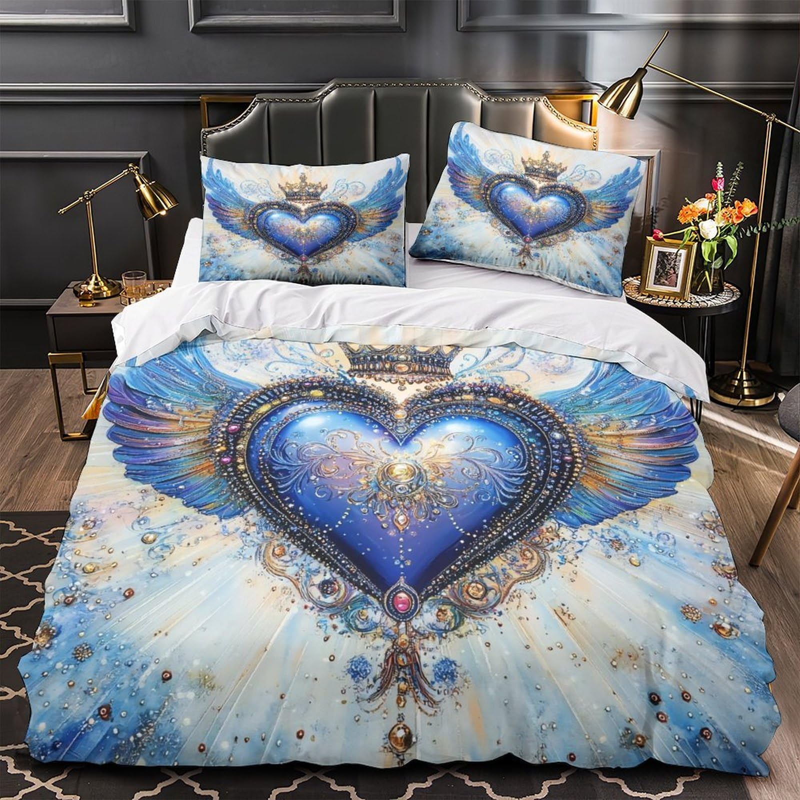 Linge de lit 3D haut de gamme motif cœurs ailés orné vintage en microfibre