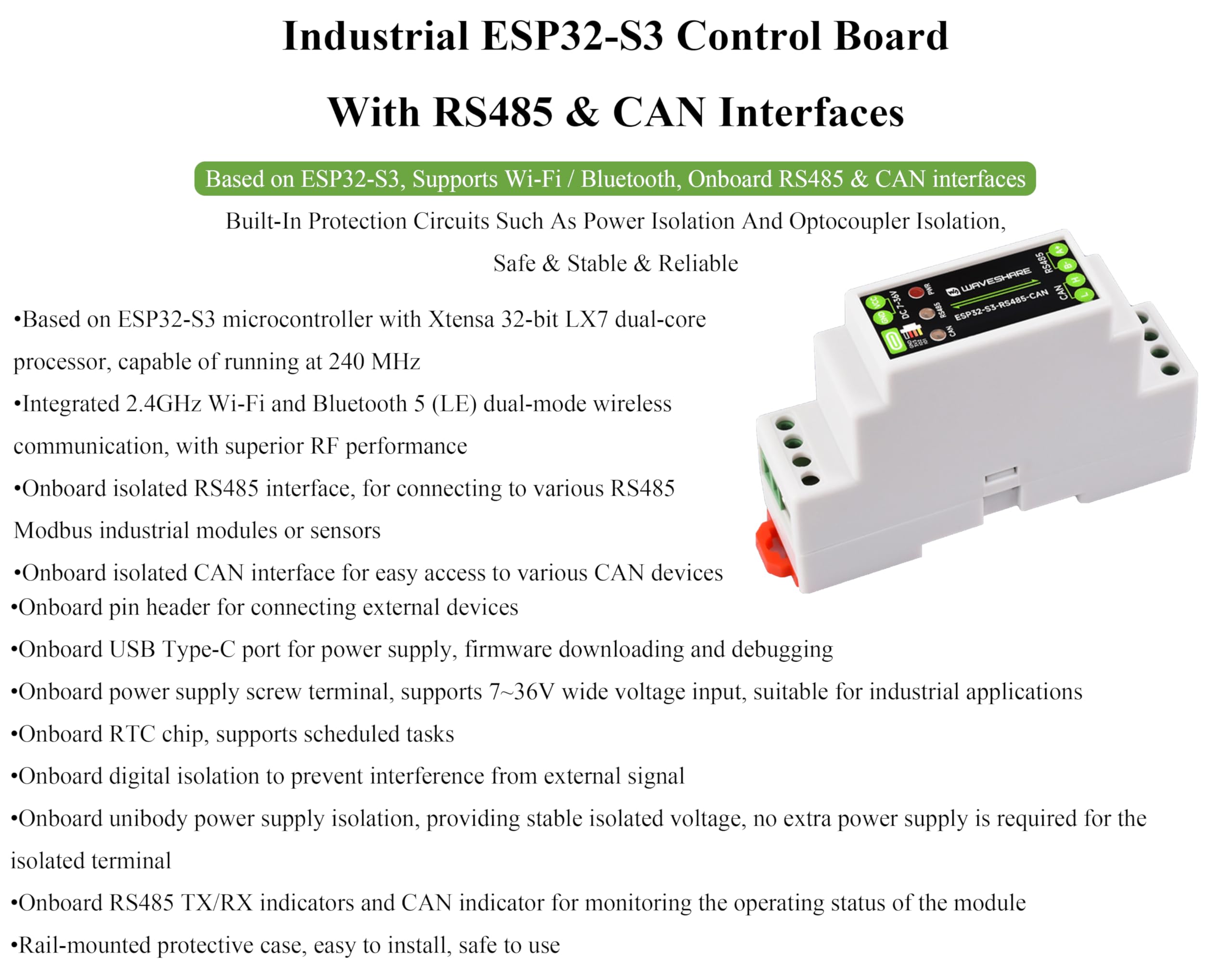 Placa de control industrial ESP32-S3 con interfaces de comunicación RS485 y CAN, soporta comunicación Wi-Fi, Bluetooth, RS485, CAN, múltiples circuitos de protección integrados, para el mercado AIoT