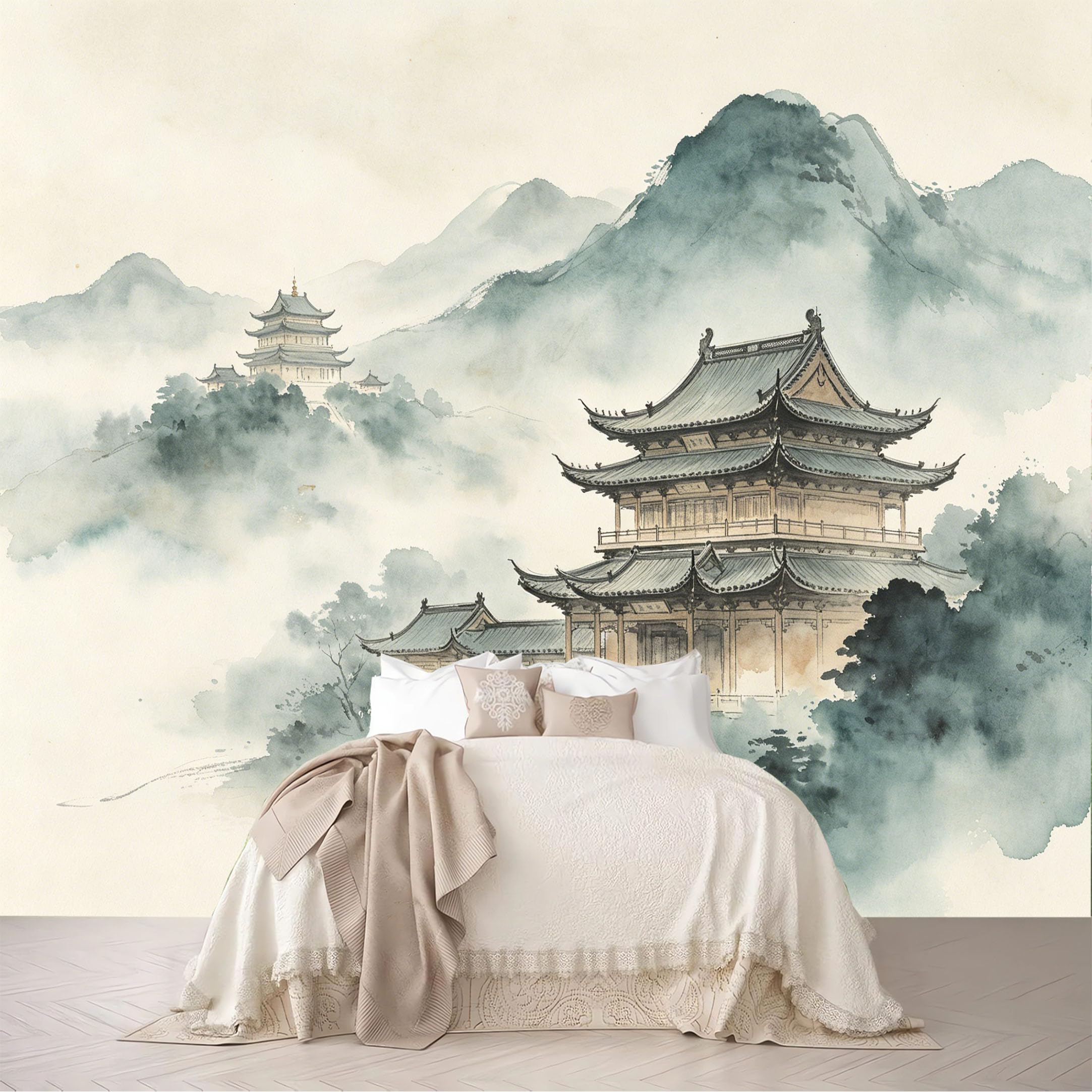 Dskjoviality Ab260706105 Custom Size Wall Murals Misty Mountain Pagoda Chinese Ink Watercolor Removable Self-Adhesive For Bedroom Living Room Dining Room