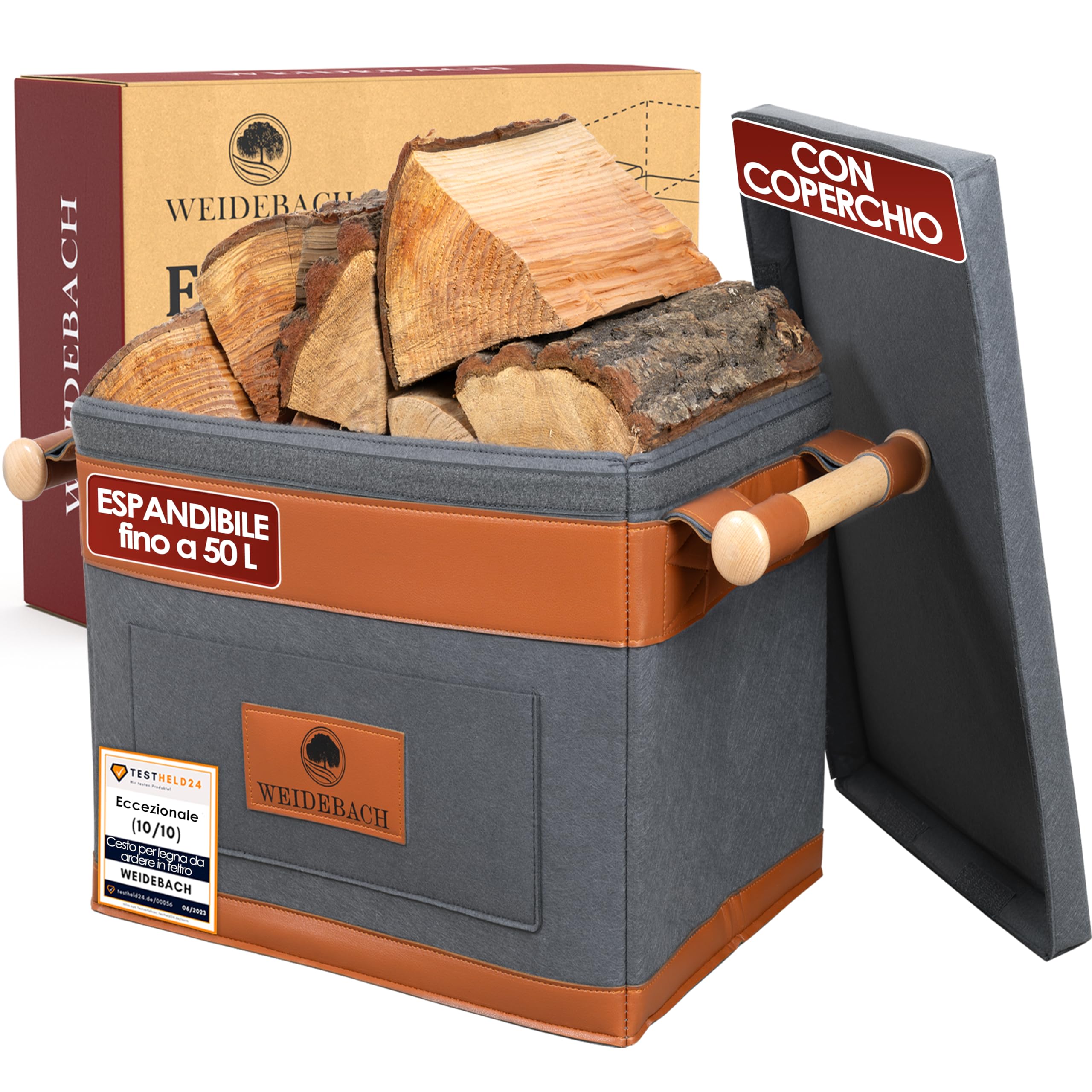 WEIDEBACH® Cesto in Legno per Legna da Ardere 35L (Espandibile a 50L) | Grigio Resistente, 40x30x30cm, Con Manico Antiscivolo, per Conservazione da Camino