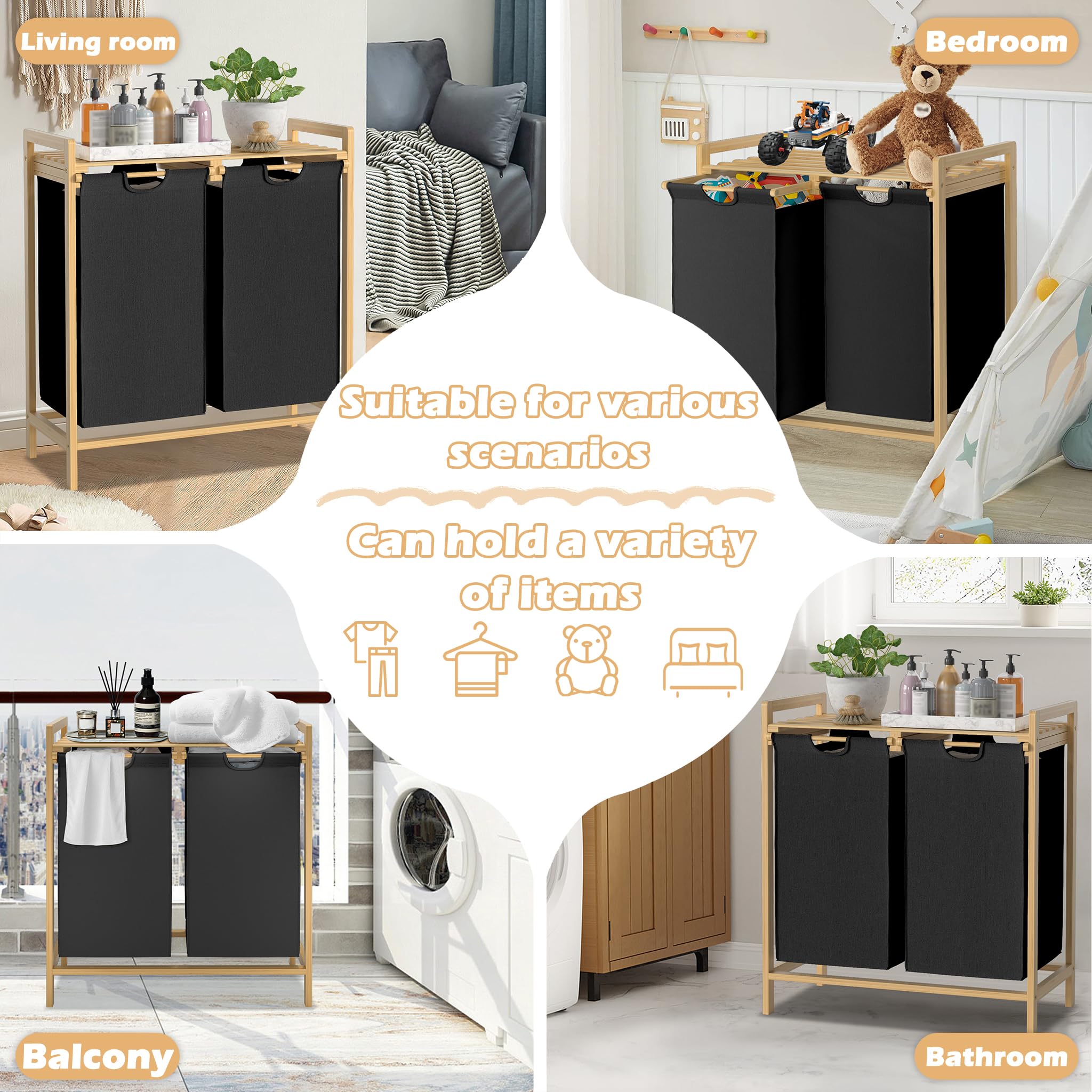 Froadp Kosz na pranie z bambusową ramą, zdejmowany i nadający się do prania worek z tkaniny Oxford, 2 oddzielne kieszenie, sortownik prania do domu, czarny, 73 x 64 x 33,5 cm
