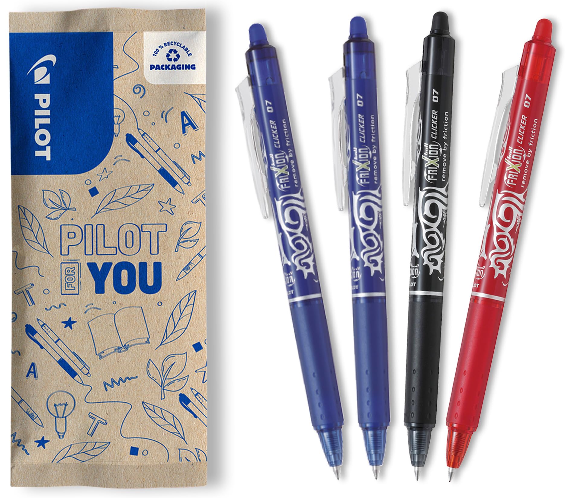 PILOT - Caja de 4 Bolígrafos FriXion Ball Clicker 07 - Bolígrafo Borrable con Tinta Termosensible - Bolígrafo Roller Retráctil y Recargable - 2 Azules, 1 Negro, 1 Rojo - Punta Media
