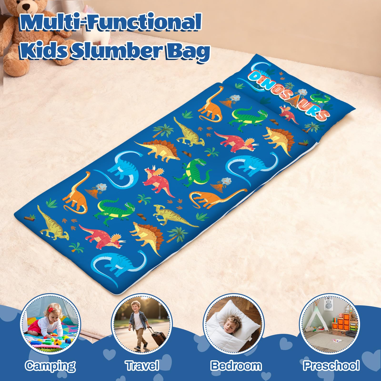 Sacco a Pelo per Bambini con Cuscino e Doppia Cerniera, 150x60 cm Nap Mat per Bambini, Ideale per Casa, Asilo, Scuola Materna e Campeggio