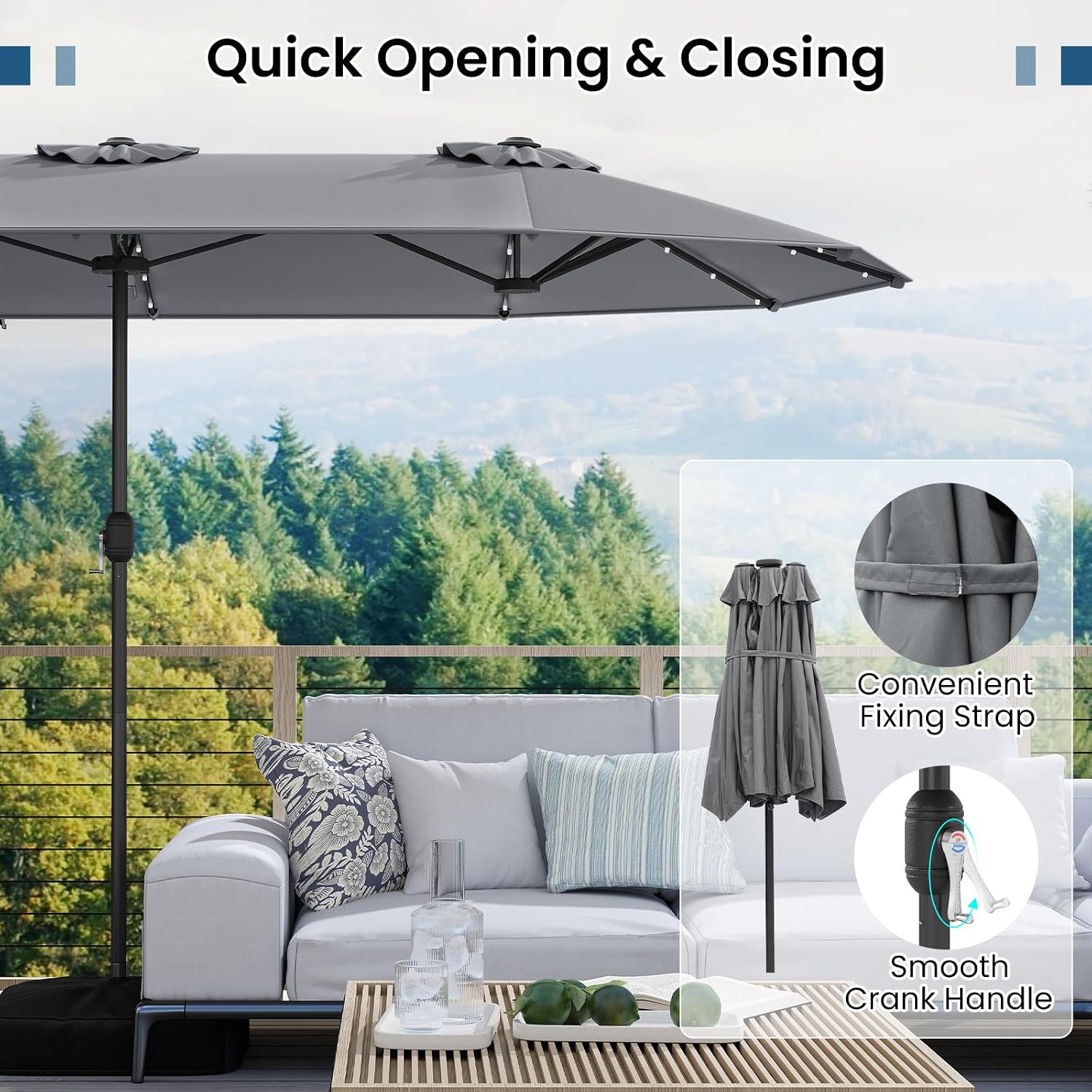 Tangkula 13FT Double-Sided Solar Patio Umbrella, Extra-Large Outdoor Twin Umbrella with 36 LED Lights, Vented Top, Crank Handle, 12 Ribs, Weighted Base Included for Backyard Poolside Deck (Gray)