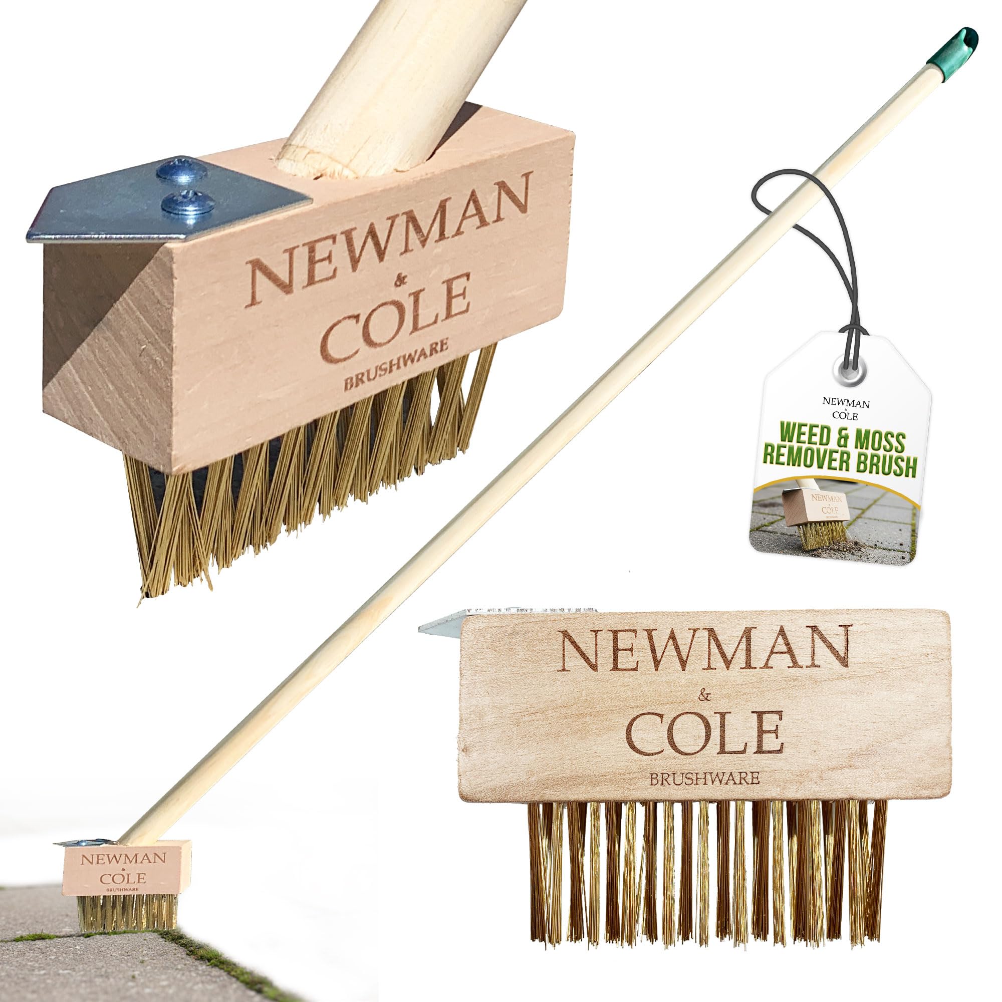 Newman And Cole Brass Weed Brush Long Handle For Cleaning Patios, Block Paving And Driveway − Patio Remover Tool With Angled Wire Bristles, 120Cm Blade Scraper To Remove Weeds Moss Build-Up