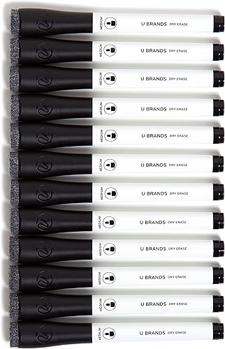 U Brands 2922U00-12 Marcadores de borrado en seco con poco olor y borradores, punta media, negro, 12 unidades Negro