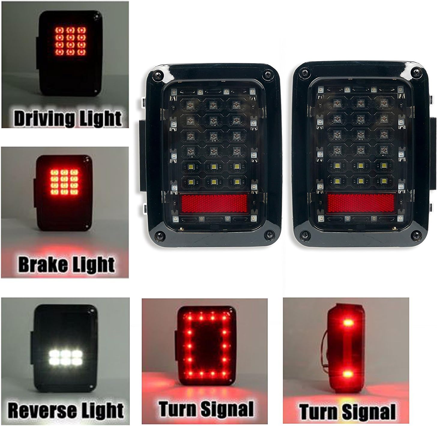 2 x Smoked LED Tail Lights Fit 07-16 Jeep Wrangler JK Rear Light Stop Light Brake Light Parking Light Reverse Light Back Up Light Turn Signal Indicator Lamp Daytime Running Lights DRL