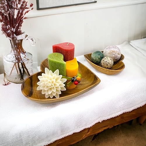 Miniatura 6 de Juego de 2 cuencos de madera de acacia hechos a mano con forma de corazón, cuencos decorativos para ensalada, aperitivos, joyas, exhibición de