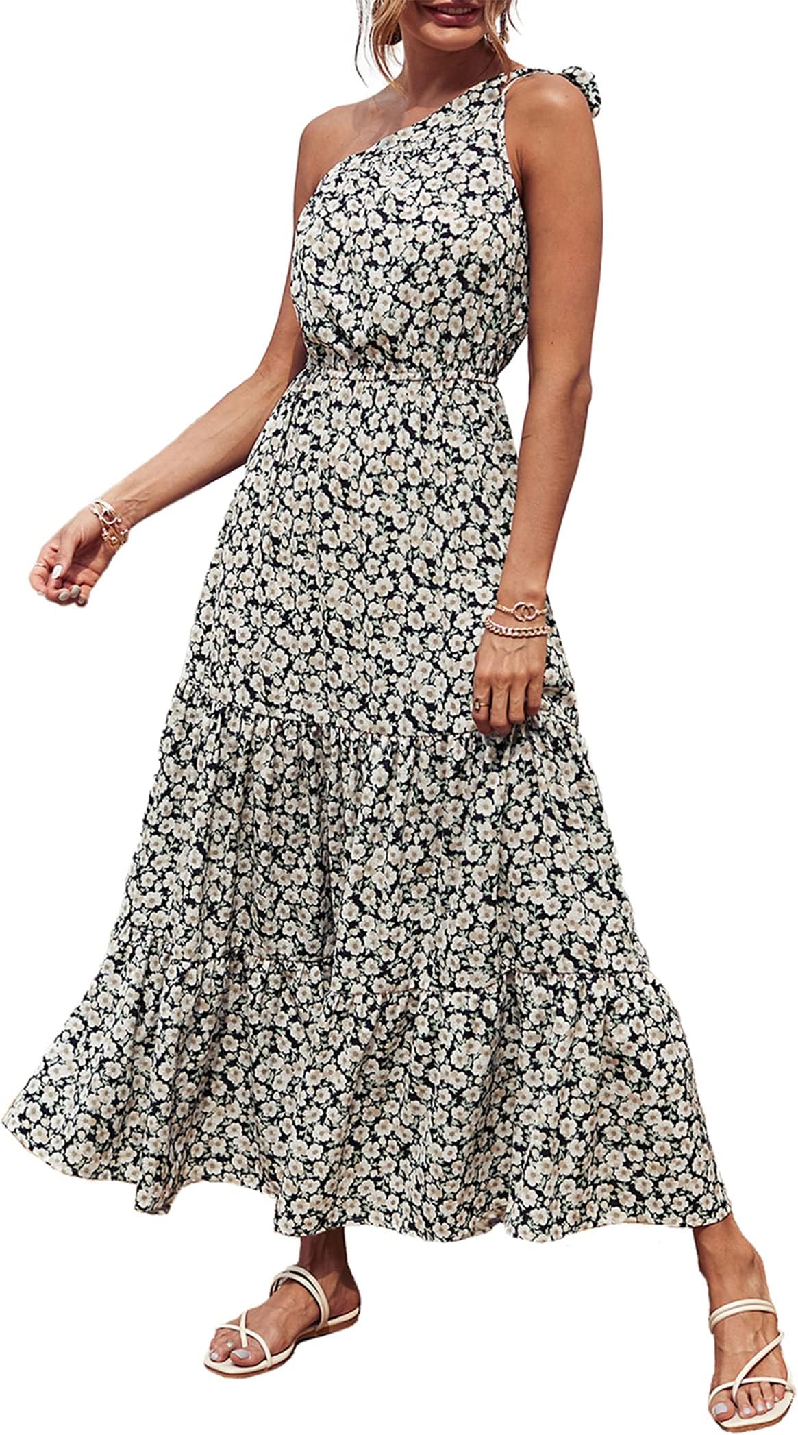 PRETTYGARDEN Women's Summer Floral One Shoulder Maxi Dress Knot Ruffle Boho Beach Vacation Wedding Guest Long Sun Dresses