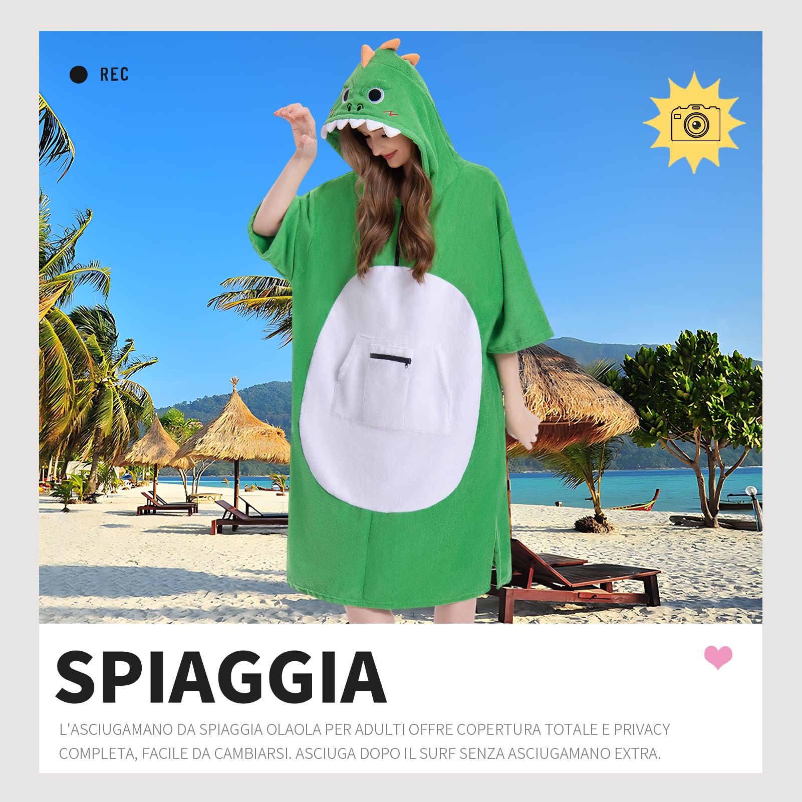 OLAOLA Surf Poncho per Adulti, Asciugamano da Bagno con Cappuccio e Tasca, Morbido Cambio Accappatoio Spiaggia, Asciugatura Rapida Asciugamani Poncho per Donne e Uomini (Dinosauro)