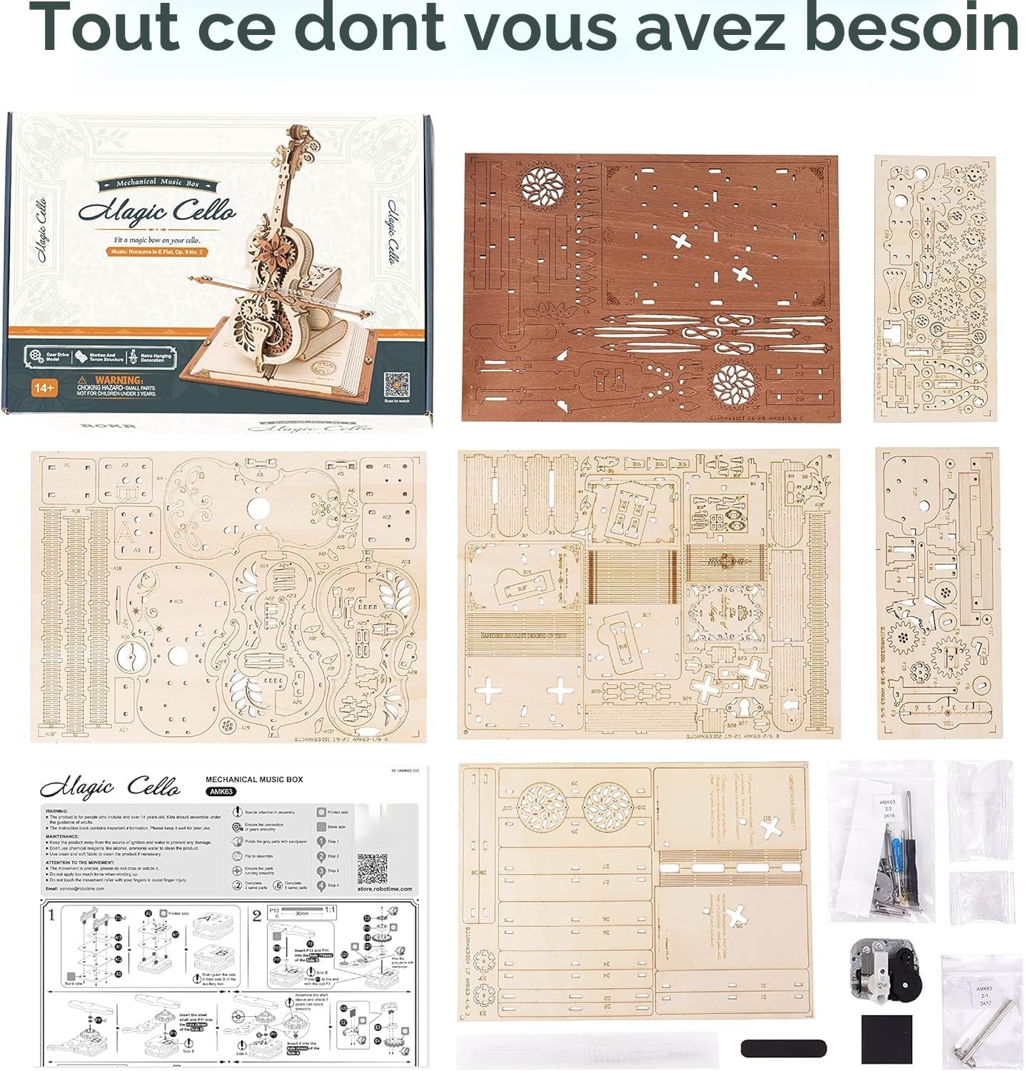 ROBOTIME Puzzle 3D en Bois pour Adultes - Boîte à Musique Violoncelle - Kit de Maquette d'engrenage de Construction - Décoration Exquise Cadeaux