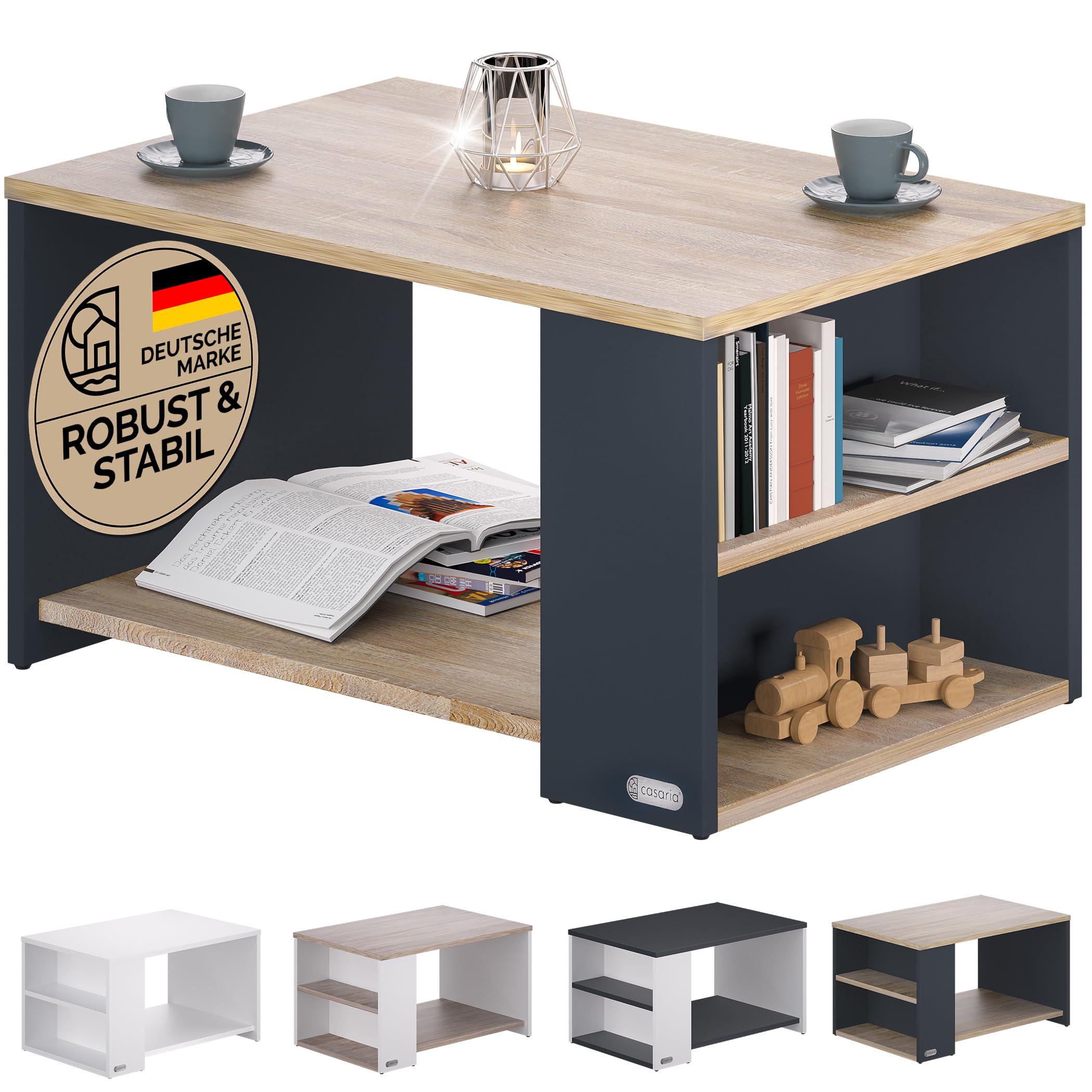 Casaria® Couchtisch mit Stauraum Grau Holz 2 Fächer 90x60x50cm Kratzfest 50kg Belastbar Rechteckig Ablage Beistelltisch Wohnzimmer Sofa Couch Tisch