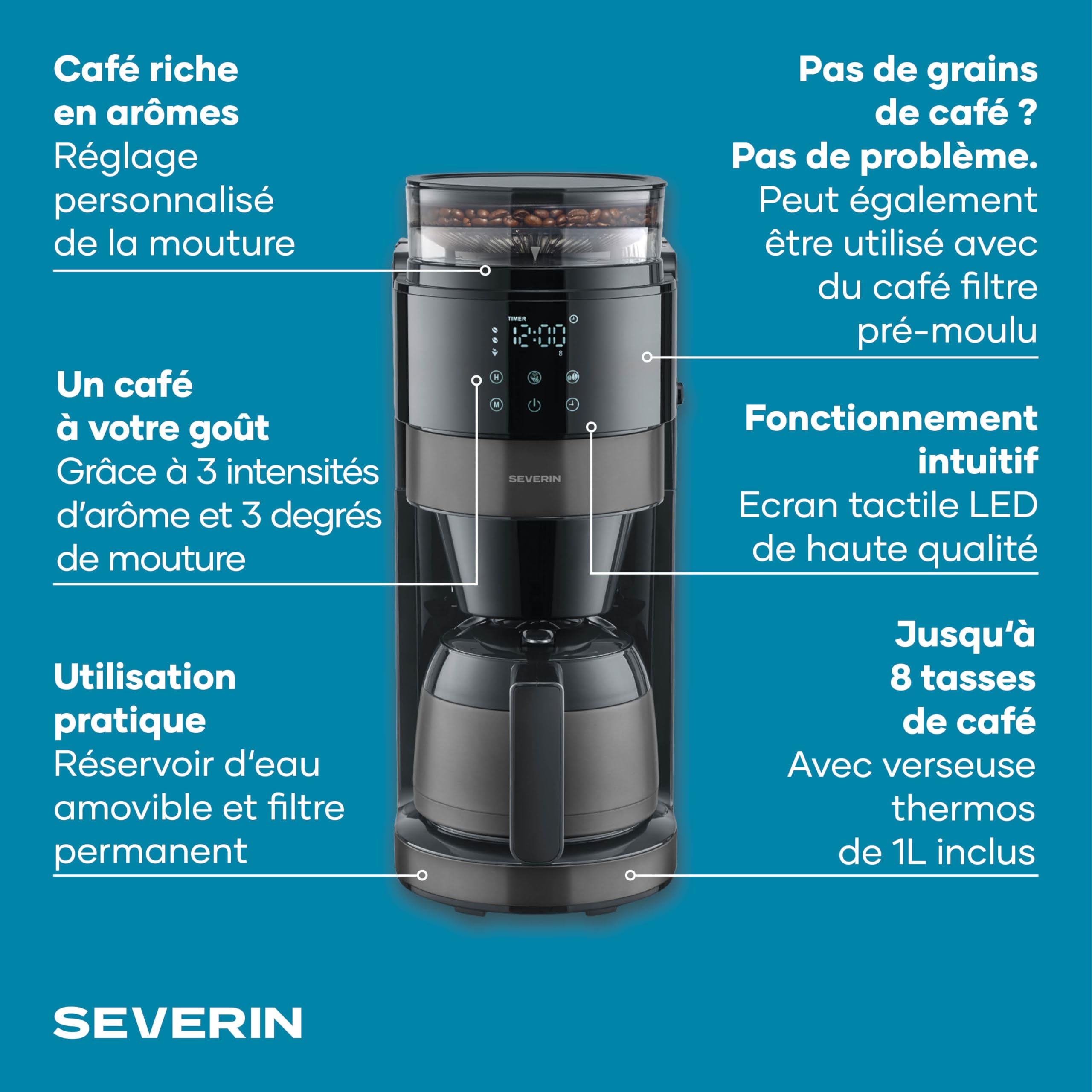 SEVERIN Machine à café filtre avec broyeur intégré et verseuse isotherme - S-Taste AromaOne- 1,25L jusqu'à 10 tasses - Affichage LED tactile - Stop goutte & arrêt automatique - Inox foncé, KA 4831