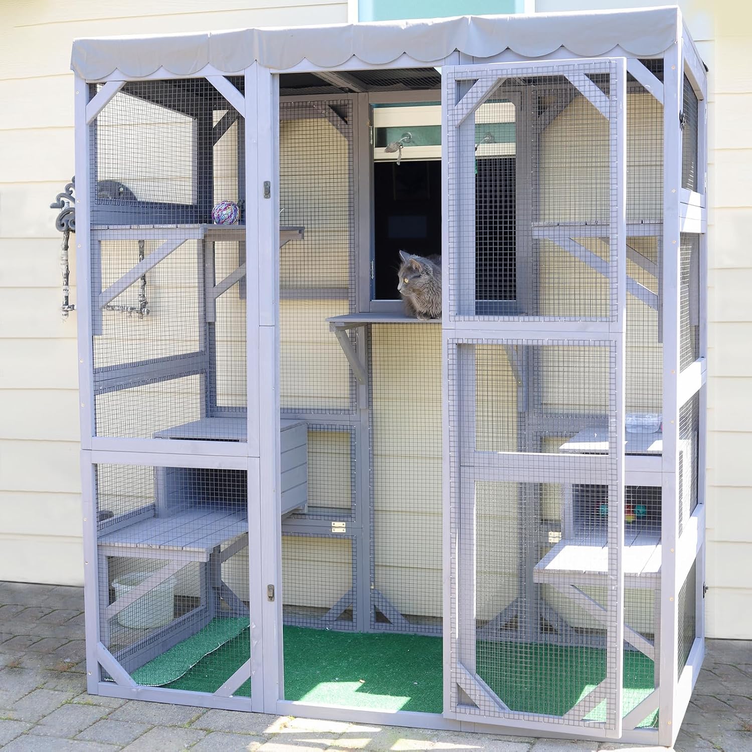 GUTINNEEN Catio Outdoor Cat Enclosure Large Walk in Window Cat House for Mulitiple Cats with 7 Platforms and 2 Resting Box,Tarp Roof,71 inch