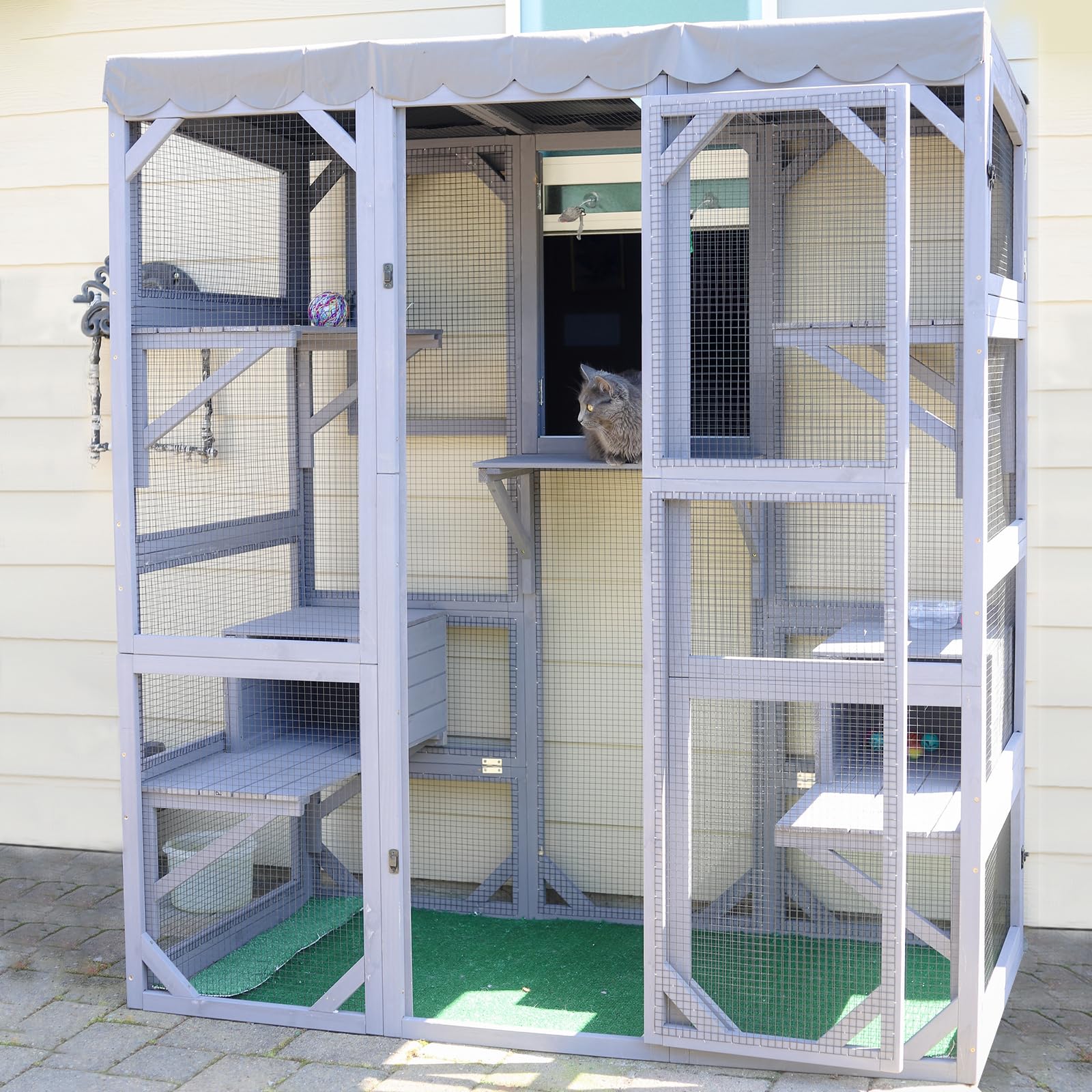 GUTINNEEN Catio Outdoor Cat Enclosure Large Walk in Window Cat House for Mulitiple Cats with 7 Platforms and 2 Resting Box,Tarp Roof,71 inch